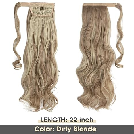22" Long Ponytail Hair Extension Wrap Around Pony Tail Clip in Curly Wavy Synthetic Fake Hairpiece for Women Dirty Blonde - Image 3