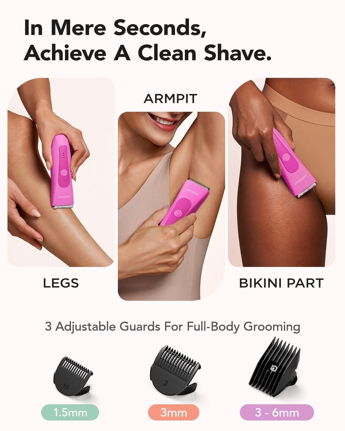 Hair Shaver for Women, Shaving Sets with 3 Gurad and Replaceable Ceramic Blade Heads, No Nick, No Cut, No Razor Burn, Waterproof Wet/Dry, 90 Minutes Shaving (Women-Rosered-Version) - Image 3