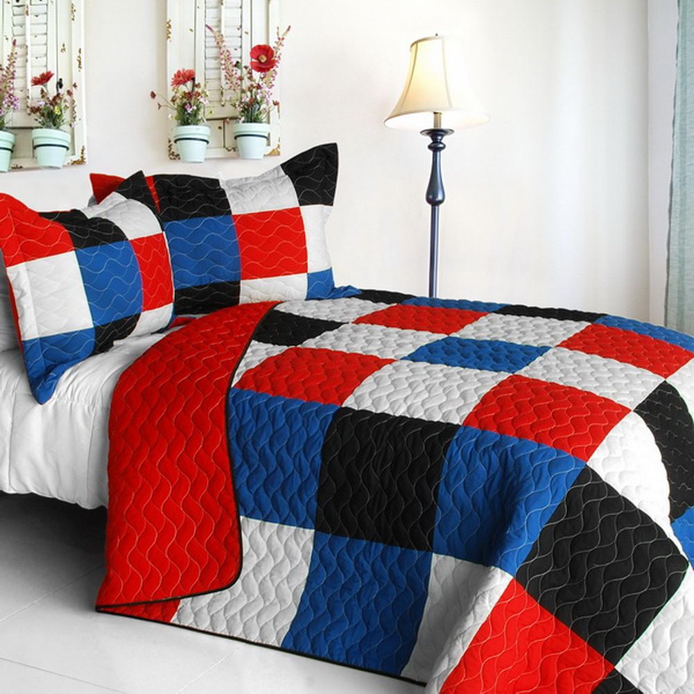 [Lattice Logic ] 3PC Vermicelli-Quilted Patchwork Quilt Set (Full/Queen Size)
