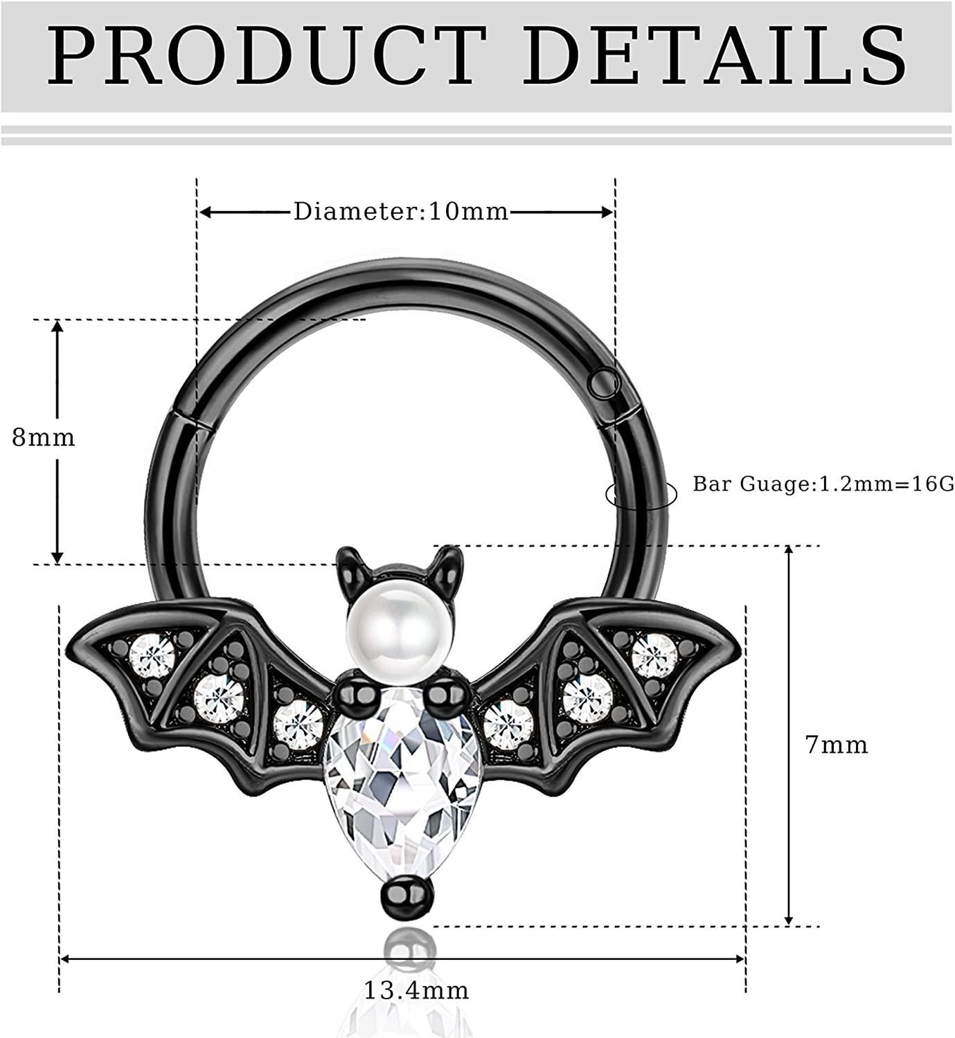 Daith Piercing 16G Septum Ring for Women Men 316L Stainless Halloween Cute Bat Septum Clicker Nose Ring CZ Daith Earrings Rook Helix Tragus Cartilage Piercing Jewelry… - Image 2