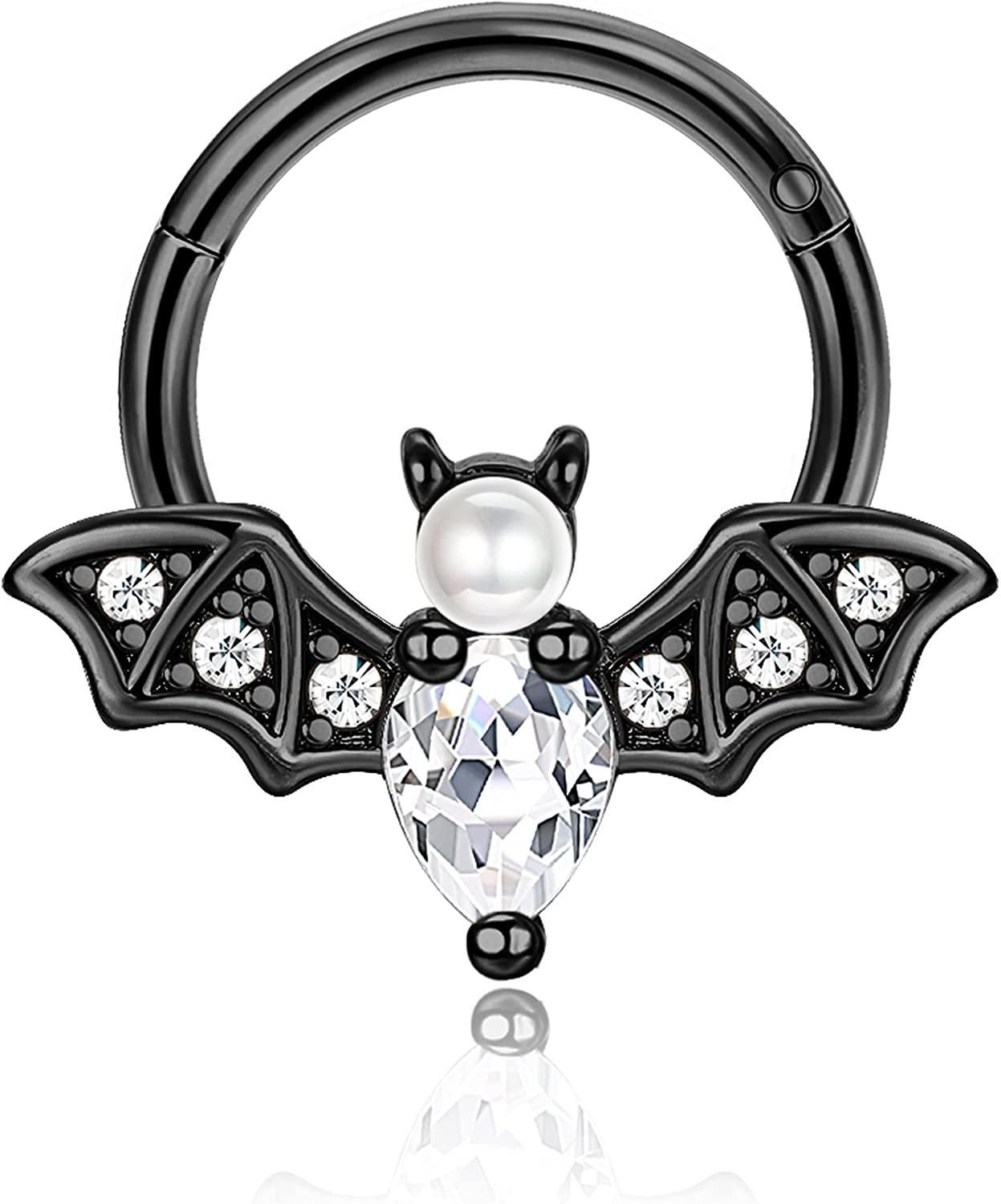 Daith Piercing 16G Septum Ring for Women Men 316L Stainless Halloween Cute Bat Septum Clicker Nose Ring CZ Daith Earrings Rook Helix Tragus Cartilage Piercing Jewelry…