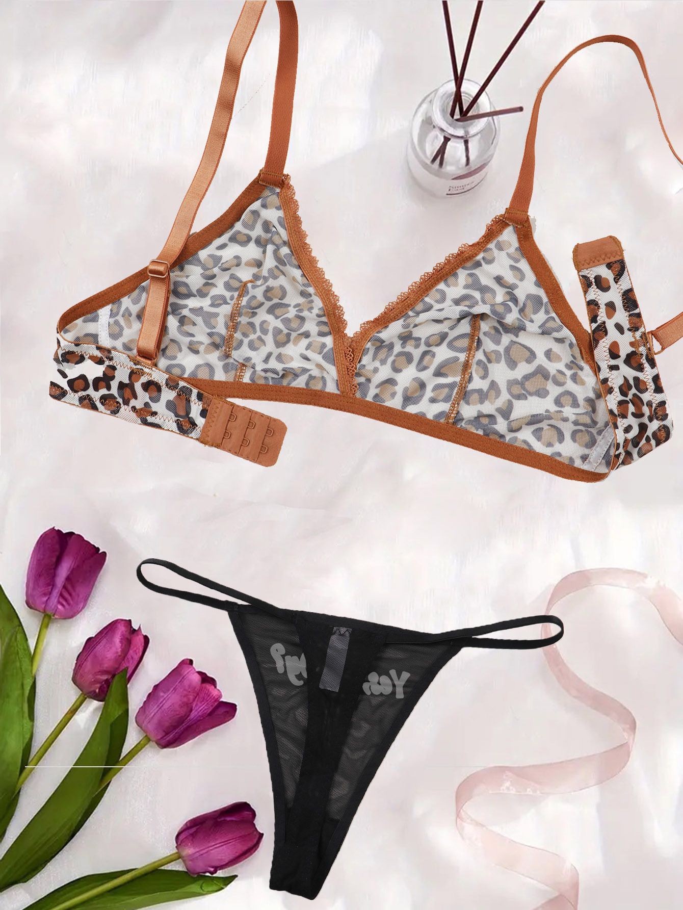 Sexy Panties Set with Leopard Pattern Triangle Underwear, No Steel Hoop, Breast Cover, Mesh, English Printed thong for Women - Image 2