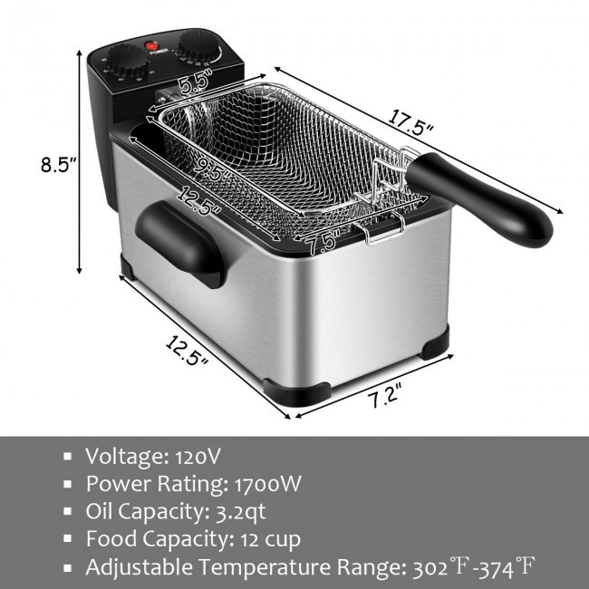 3.2 Quart Electric Stainless Steel Deep Fryer with Timer - Image 8