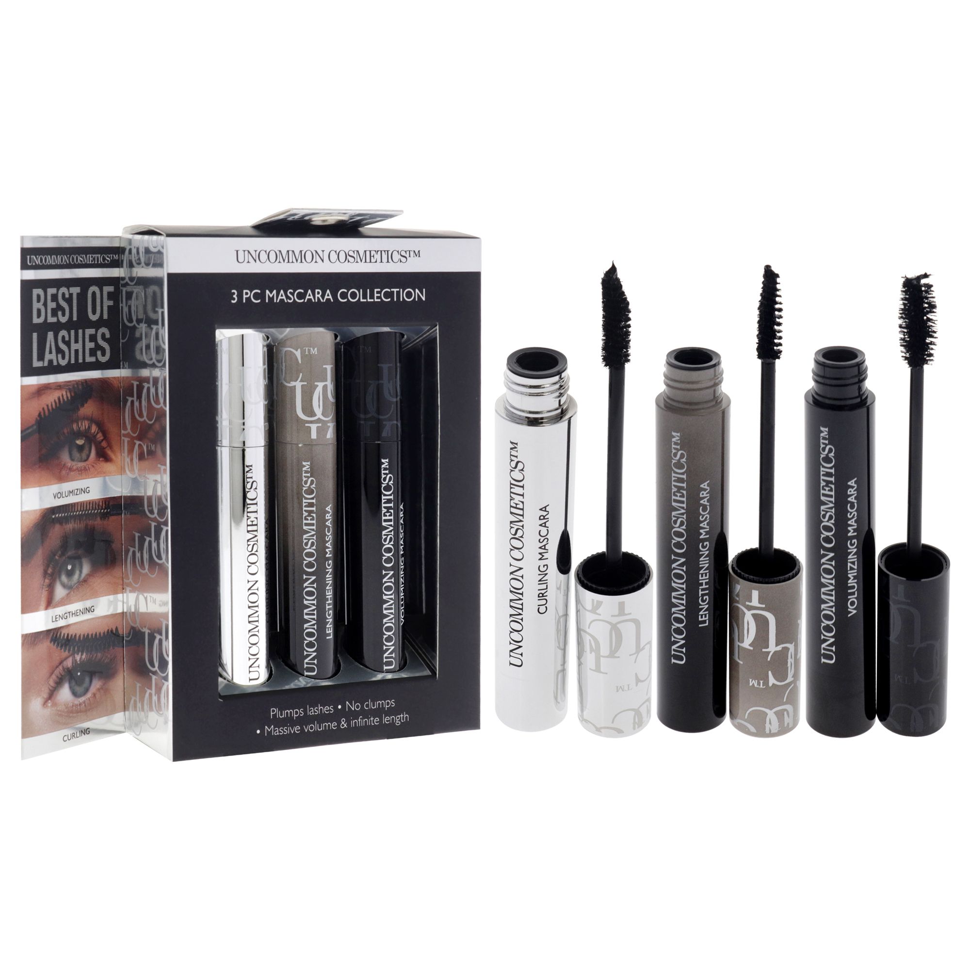 Best Of Lashes Mascara Collection Set by Uncommon Cosmetics for Women - 3 Pc 0.27oz Lengthening Mascara, 0.27oz Volumizing Mascara, 0.27oz Curling Mascara - Image 3