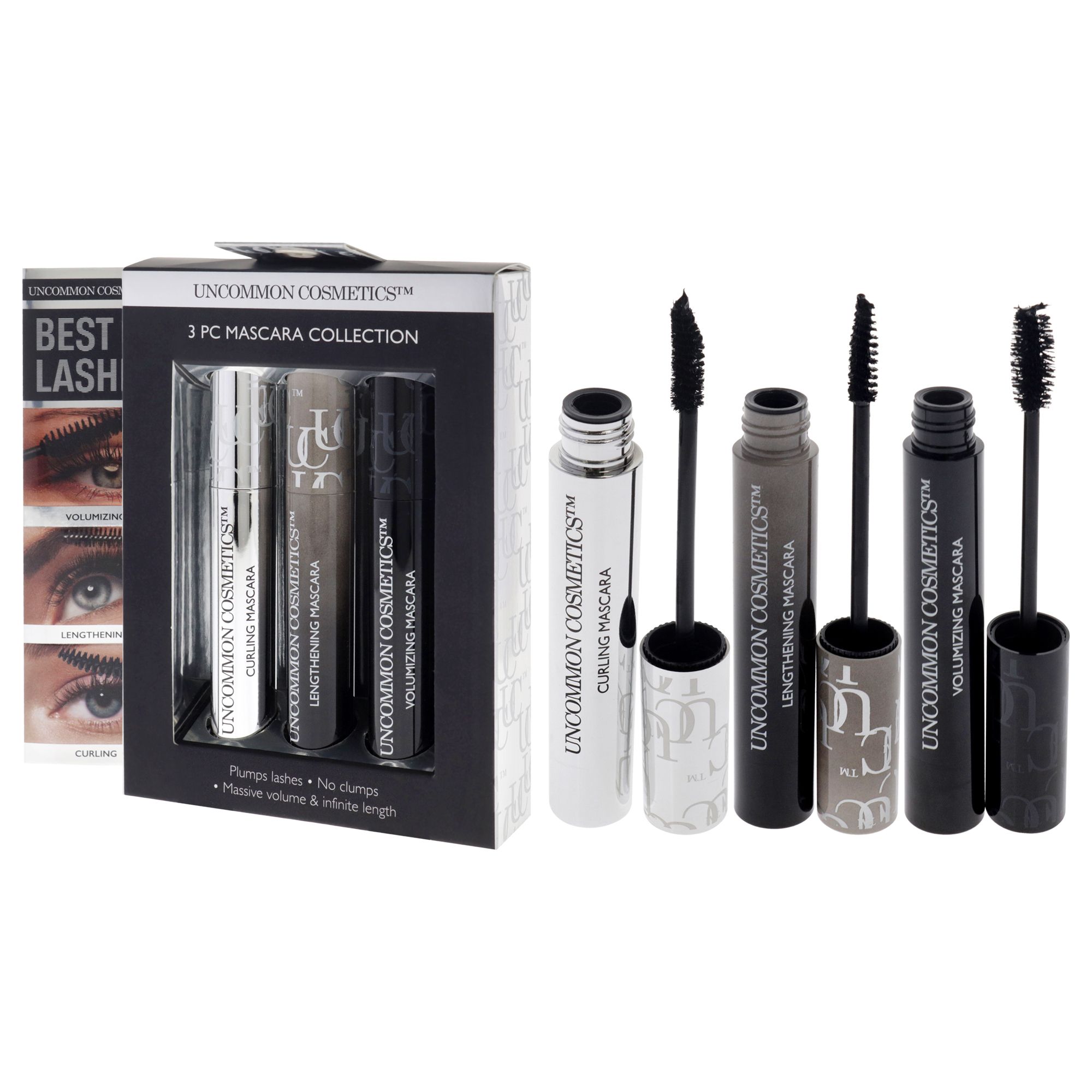 Best Of Lashes Mascara Collection Set by Uncommon Cosmetics for Women - 3 Pc 0.27oz Lengthening Mascara, 0.27oz Volumizing Mascara, 0.27oz Curling Mascara - Image 4