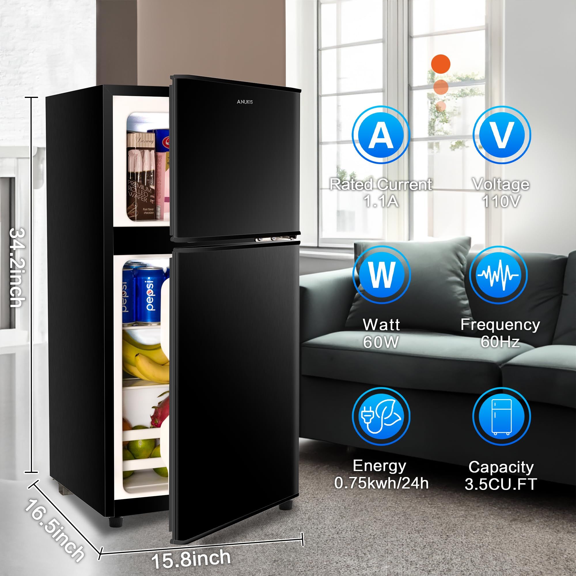 3.5Cu.Ft Compact Refrigerator Mini Fridge with Freezer, Small Refrigerator with 2 Door, 7 Level Thermostat Removable Shelves for Kitchen, Dorm, Apartment, Bar - Image 12