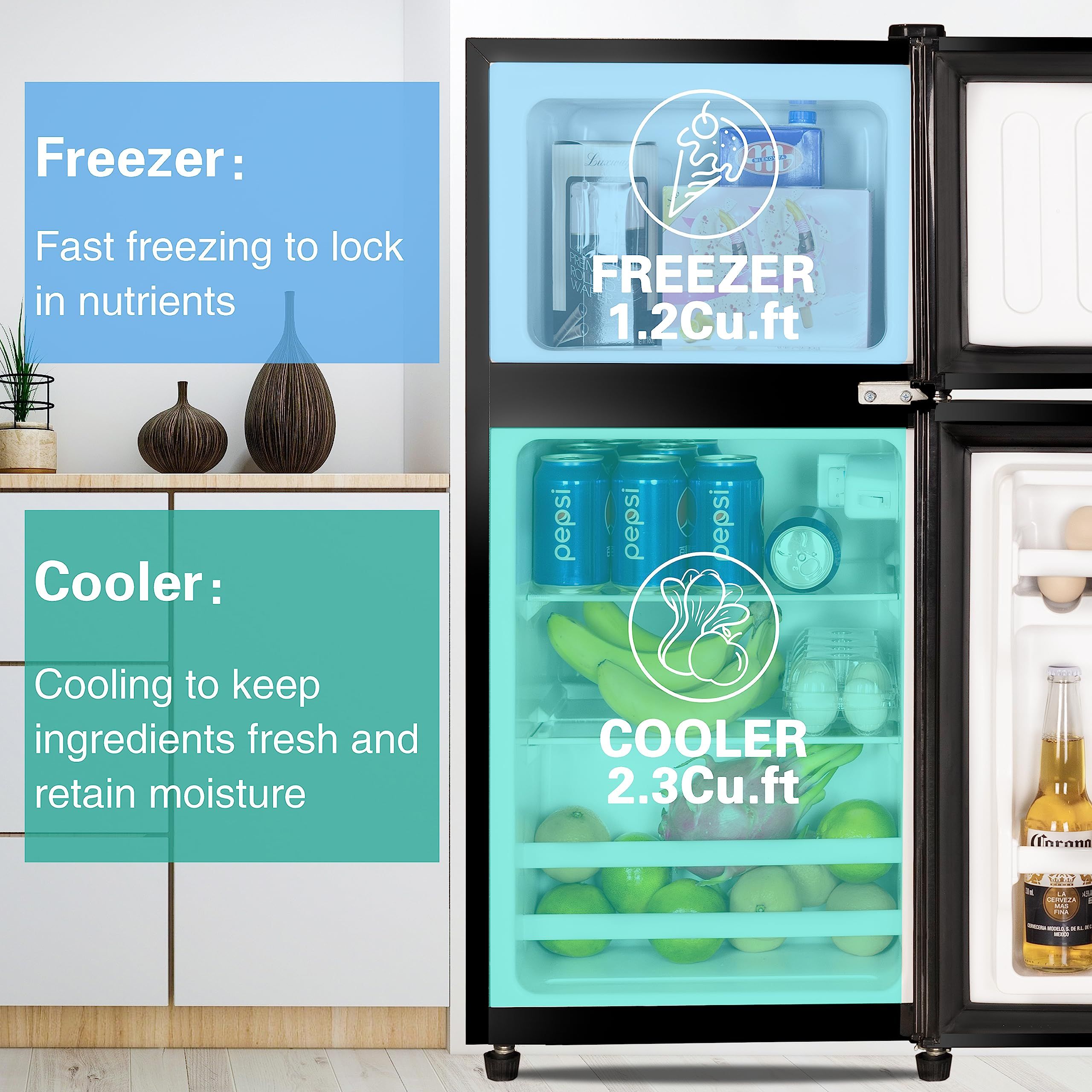3.5Cu.Ft Compact Refrigerator Mini Fridge with Freezer, Small Refrigerator with 2 Door, 7 Level Thermostat Removable Shelves for Kitchen, Dorm, Apartment, Bar - Image 6