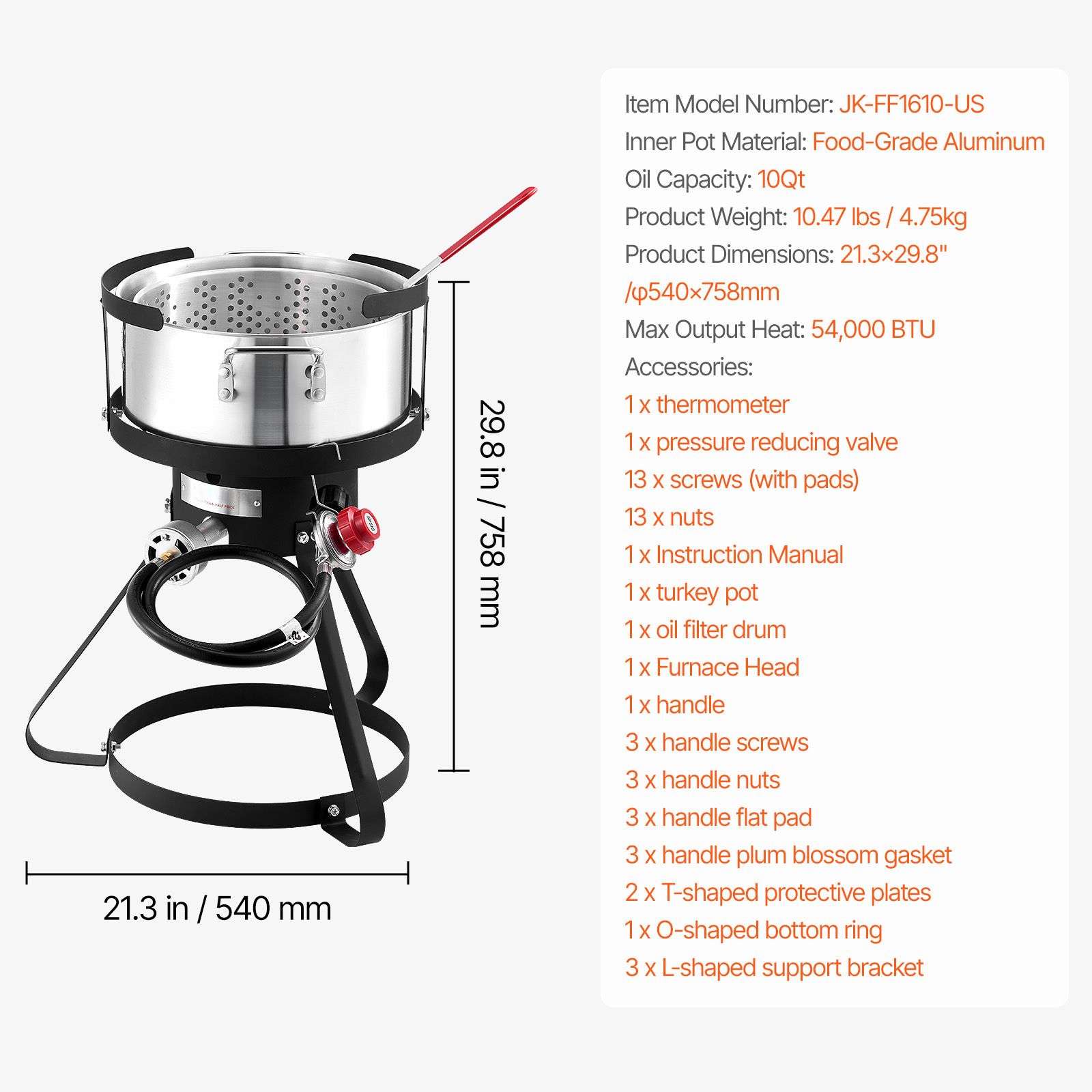 10 Qt Fish and Wing Fryer, Aluminum Propane Fish Fryer Kit, Outdoor Deep Fryer Seafood Pot with Thermometer, Strainer Basket, and 54,000 BTUs Propane Burners, for Outdoor and Backyard Cooking - Image 3