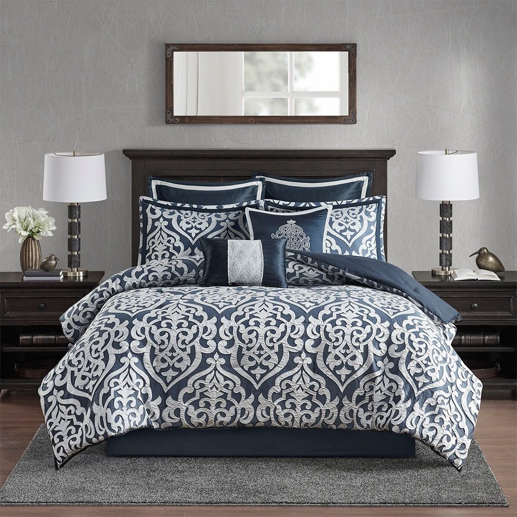8 Piece Jacquard Comforter Set Navy/Silver King - Image 14