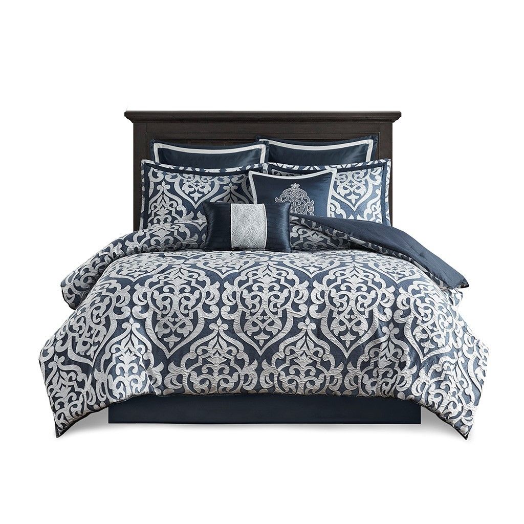 8 Piece Jacquard Comforter Set Navy/Silver King - Image 6