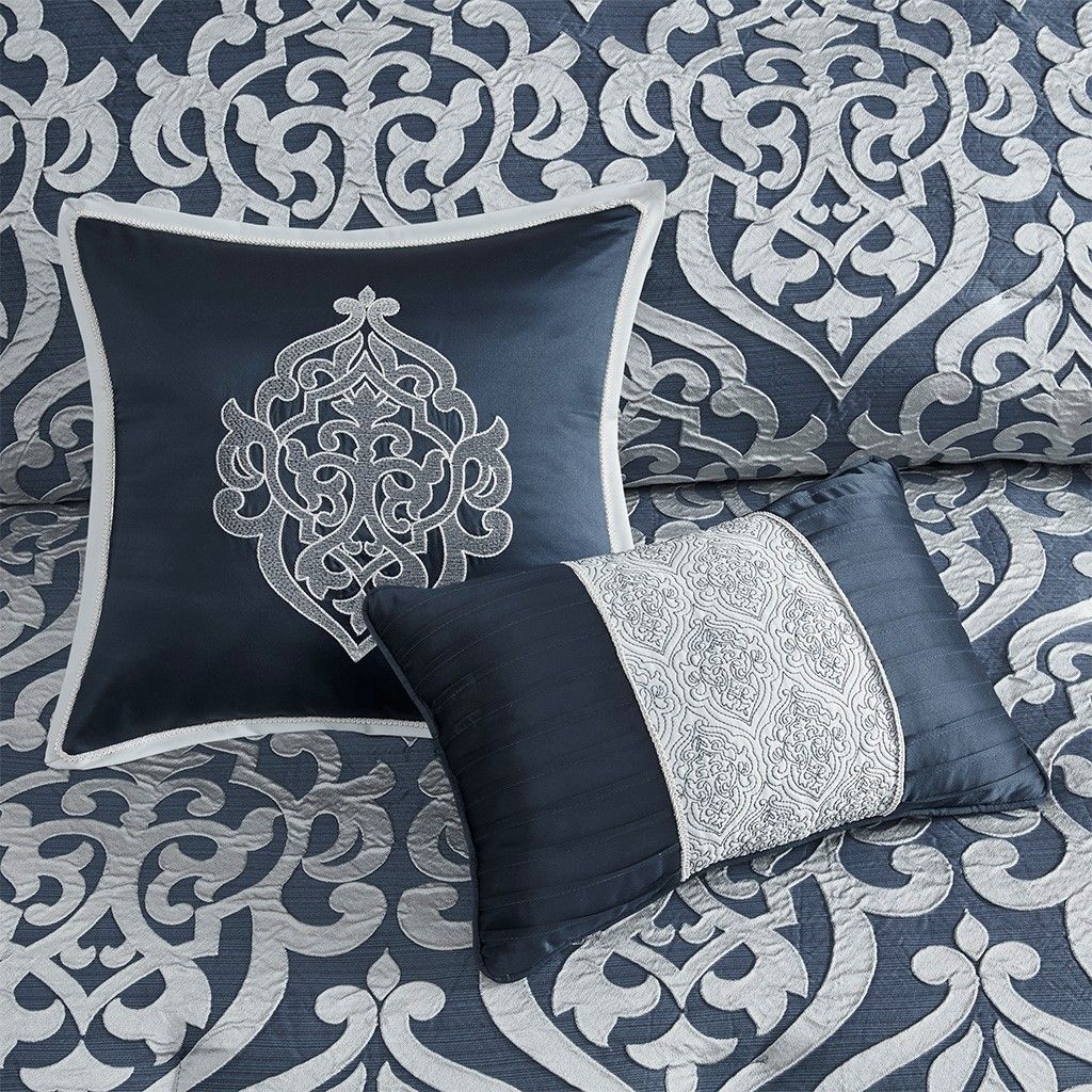 8 Piece Jacquard Comforter Set Navy/Silver King - Image 10