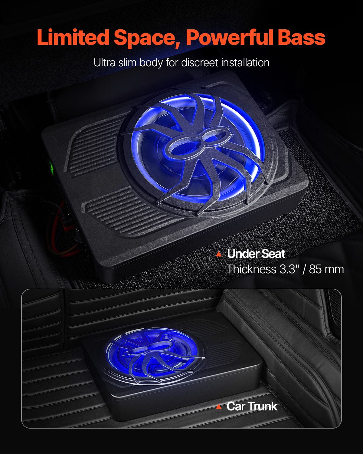 10" 440W Underseat Car Subwoofer, Slim Powered Car Subwoofers with Blue Ambient Light, Low Profile Audio Sub Under the Seat with Built-in Amplifier, Remote Controller for SUVs, Car, Truck, RV - Image 2