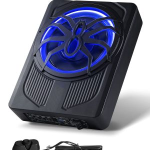 10" 440W Underseat Car Subwoofer, Slim Powered Car Subwoofers with Blue Ambient Light, Low Profile Audio Sub Under the Seat with Built-in Amplifier, Remote Controller for SUVs, Car, Truck, RV