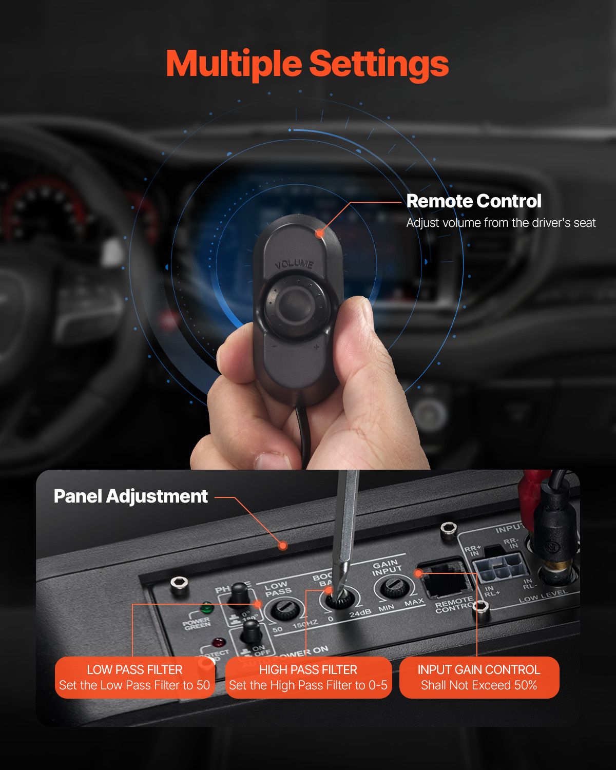 10" 440W Underseat Car Subwoofer, Slim Powered Car Subwoofers with Blue Ambient Light, Low Profile Audio Sub Under the Seat with Built-in Amplifier, Remote Controller for SUVs, Car, Truck, RV - Image 6