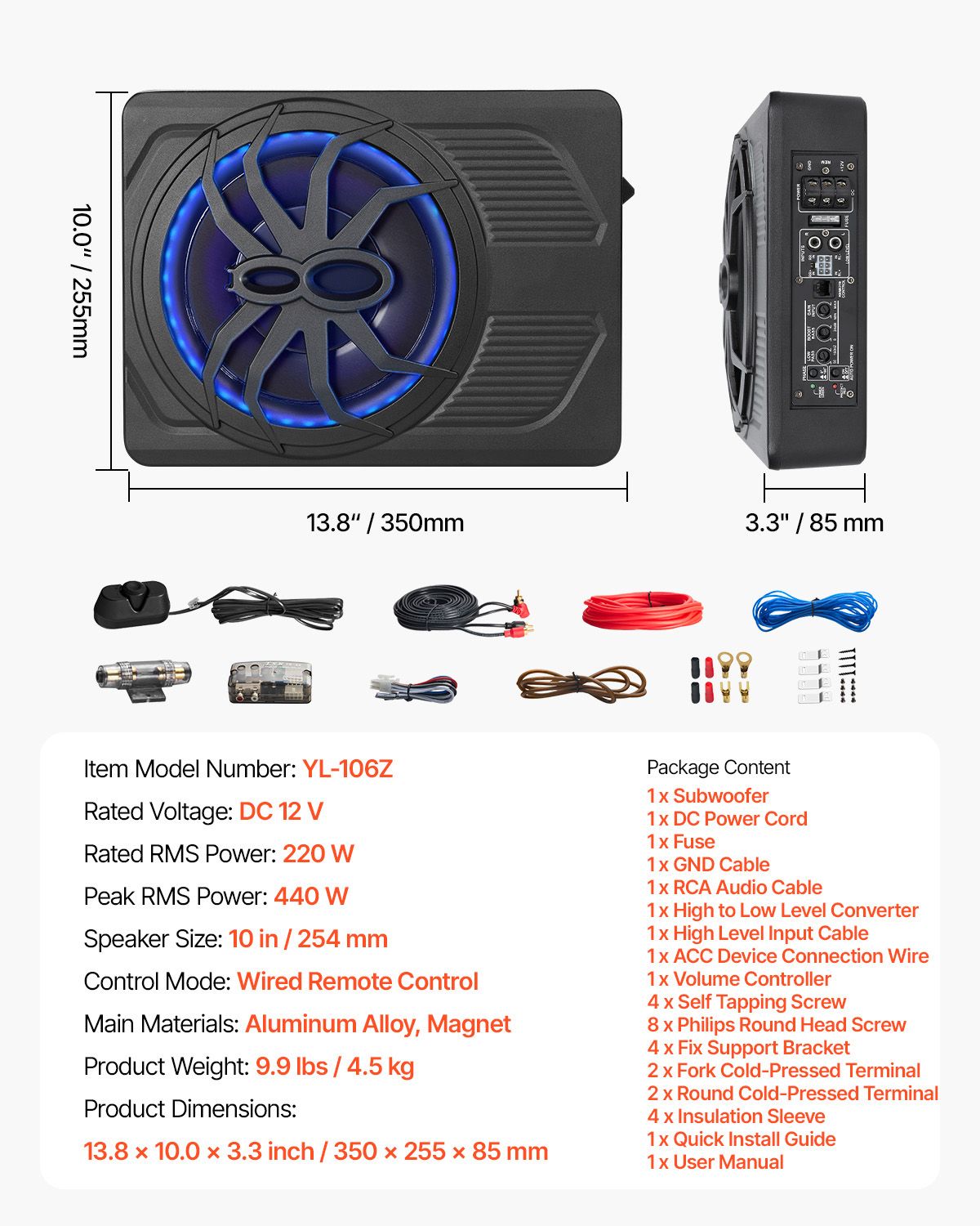 10" 440W Underseat Car Subwoofer, Slim Powered Car Subwoofers with Blue Ambient Light, Low Profile Audio Sub Under the Seat with Built-in Amplifier, Remote Controller for SUVs, Car, Truck, RV - Image 7