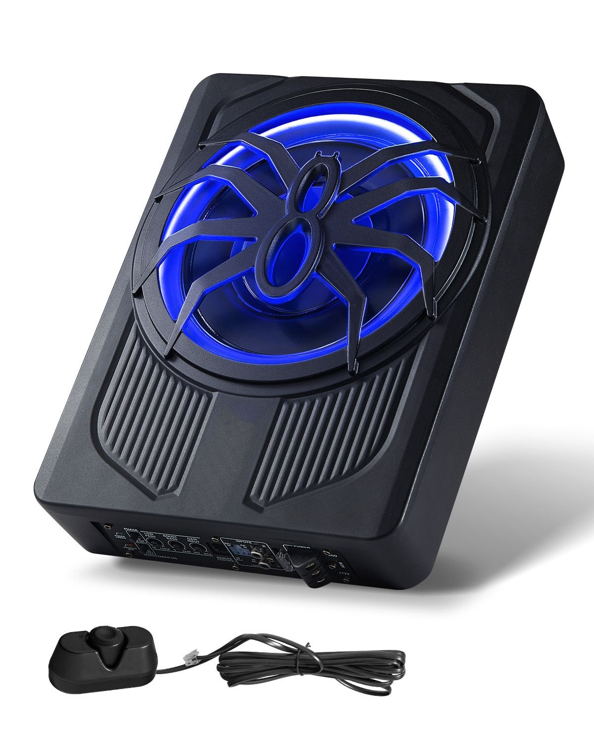 10" 440W Underseat Car Subwoofer, Slim Powered Car Subwoofers with Blue Ambient Light, Low Profile Audio Sub Under the Seat with Built-in Amplifier, Remote Controller for SUVs, Car, Truck, RV