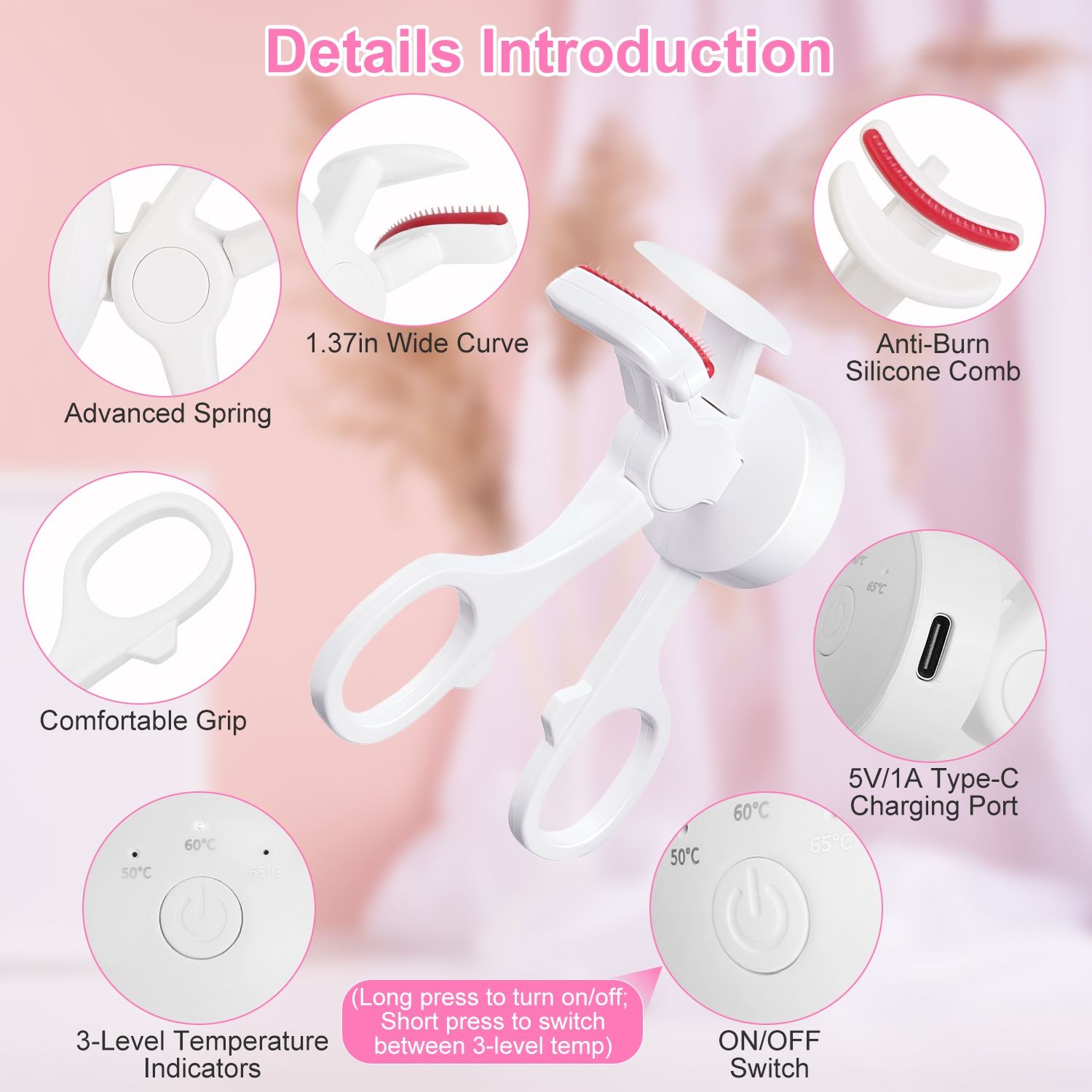 Heated Eyelash Curler Electric USB Rechargeable Eyelash Curler Anti-Burn Compact with Comb Heat up Fast Within 8S for All Eye Shapes for Women Make Up Gift Travel Valentine Mother Day - Image 2