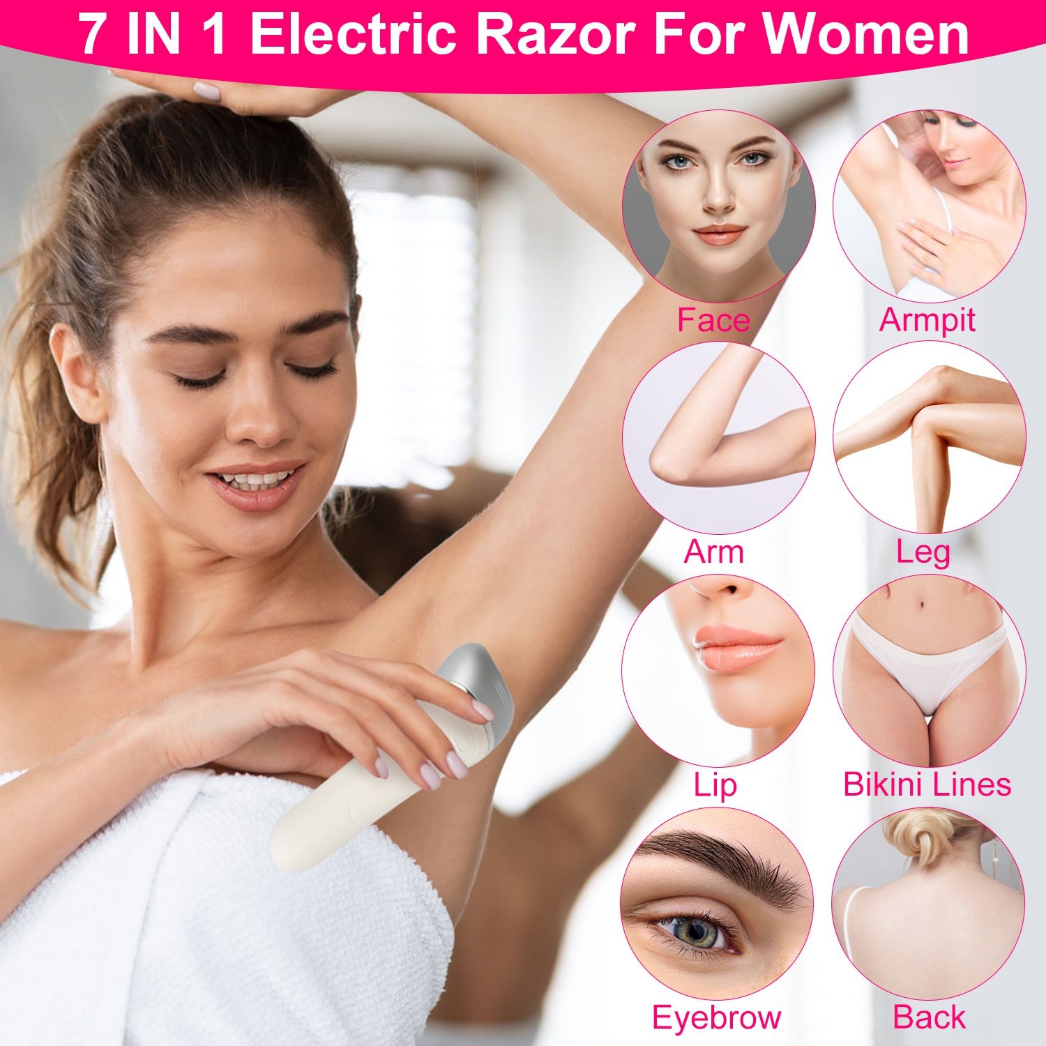 7 In 1 Electric Razor for Women Lady Hair Removal Epilators for Leg Face Arm Bikini Armpit Public Hairs IPX6 Wet and Dry Use Cordless Rechargeable Whole Body Trimmer and Shaver Kit GPCT5353 - Image 2