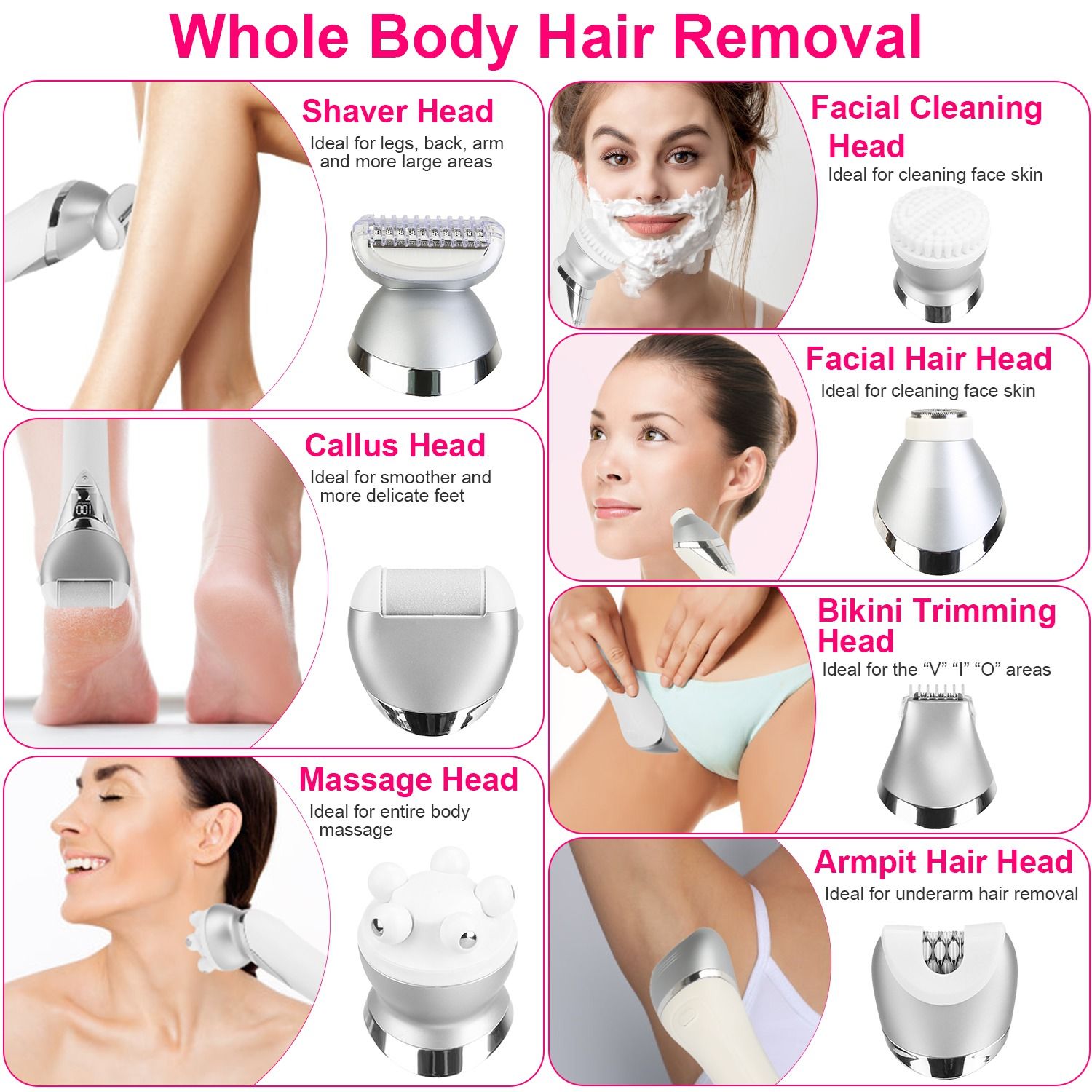 7 In 1 Electric Razor for Women Lady Hair Removal Epilators for Leg Face Arm Bikini Armpit Public Hairs IPX6 Wet and Dry Use Cordless Rechargeable Whole Body Trimmer and Shaver Kit GPCT5353 - Image 3