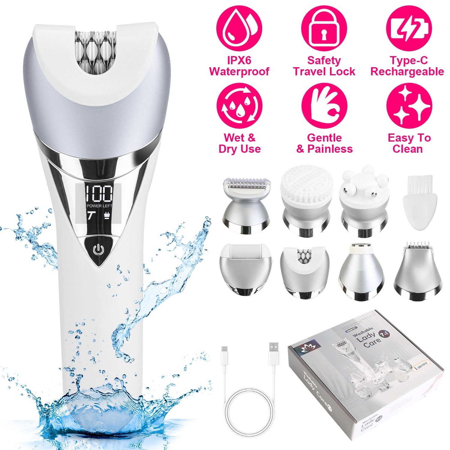 7 In 1 Electric Razor for Women Lady Hair Removal Epilators for Leg Face Arm Bikini Armpit Public Hairs IPX6 Wet and Dry Use Cordless Rechargeable Whole Body Trimmer and Shaver Kit GPCT5353