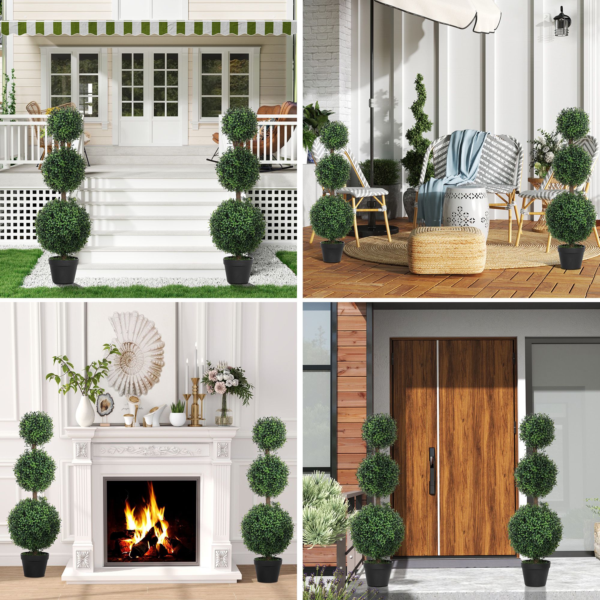 Set of 2 Artificial Ball Boxwood Topiary Trees, Fake Plants in Pot for Indoor Outdoor Living Room Green - Image 2