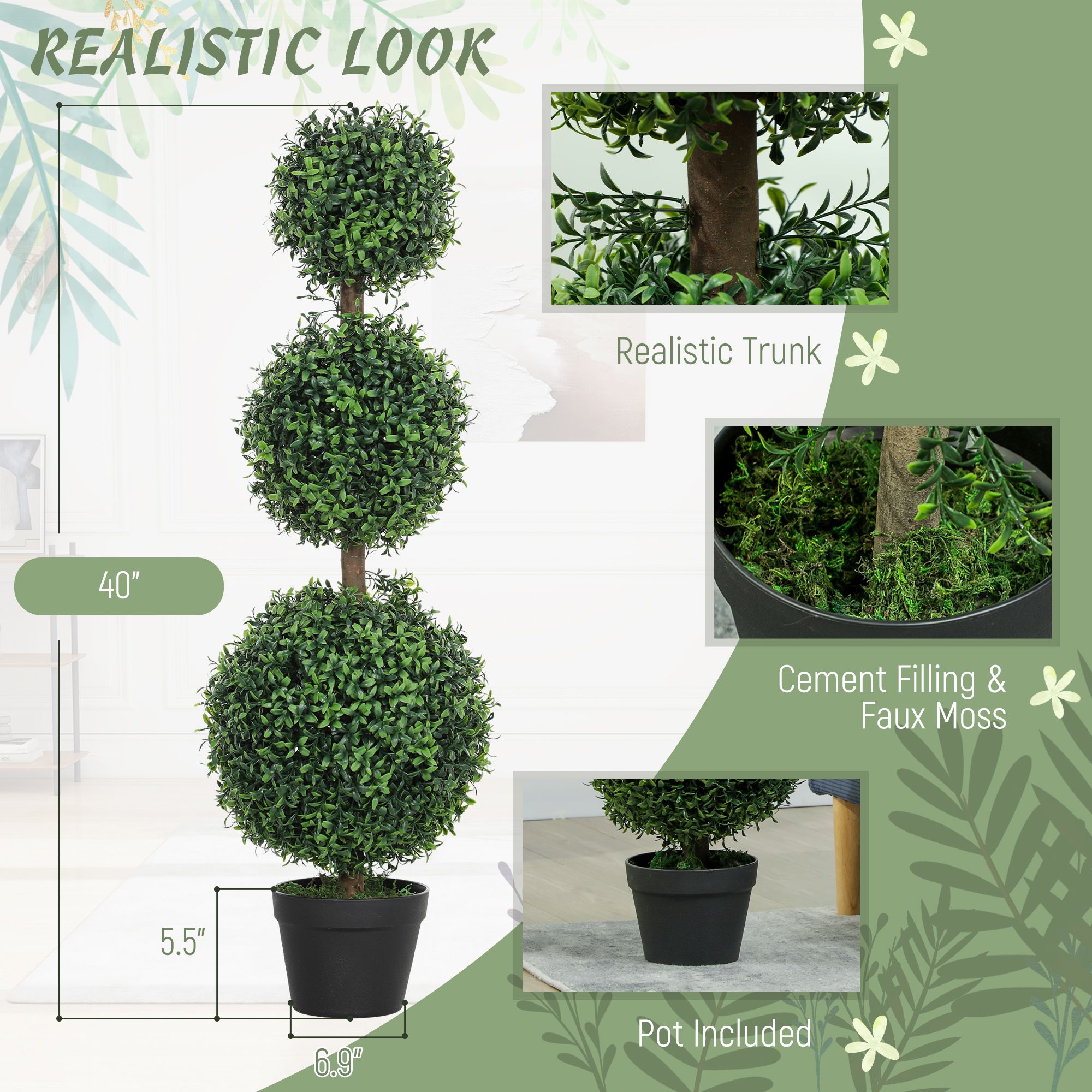 Set of 2 Artificial Ball Boxwood Topiary Trees, Fake Plants in Pot for Indoor Outdoor Living Room Green - Image 4