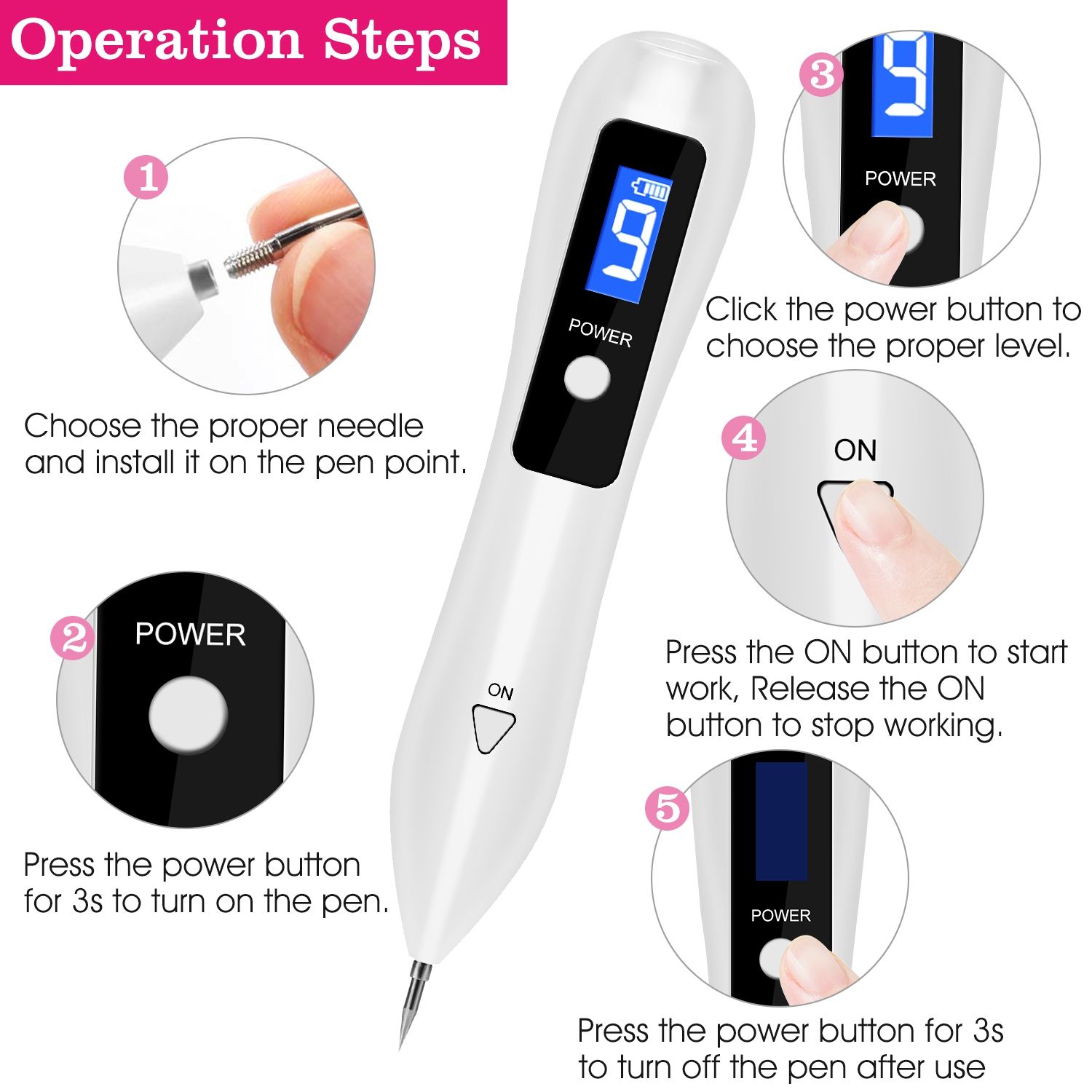 Skin Tag Repair Kit Portable Beauty Equipment Multi-Level with Home Usage USB Charging LCD Level Adjustable 6 Replaceable Needles - Image 5