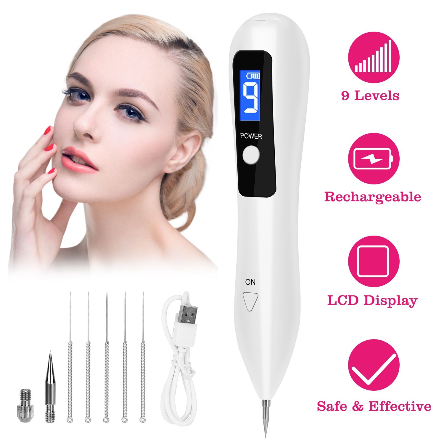 Skin Tag Repair Kit Portable Beauty Equipment Multi-Level with Home Usage USB Charging LCD Level Adjustable 6 Replaceable Needles - Image 8