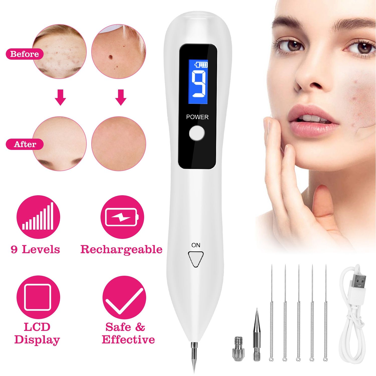 Skin Tag Repair Kit Portable Beauty Equipment Multi-Level with Home Usage USB Charging LCD Level Adjustable 6 Replaceable Needles - Image 9