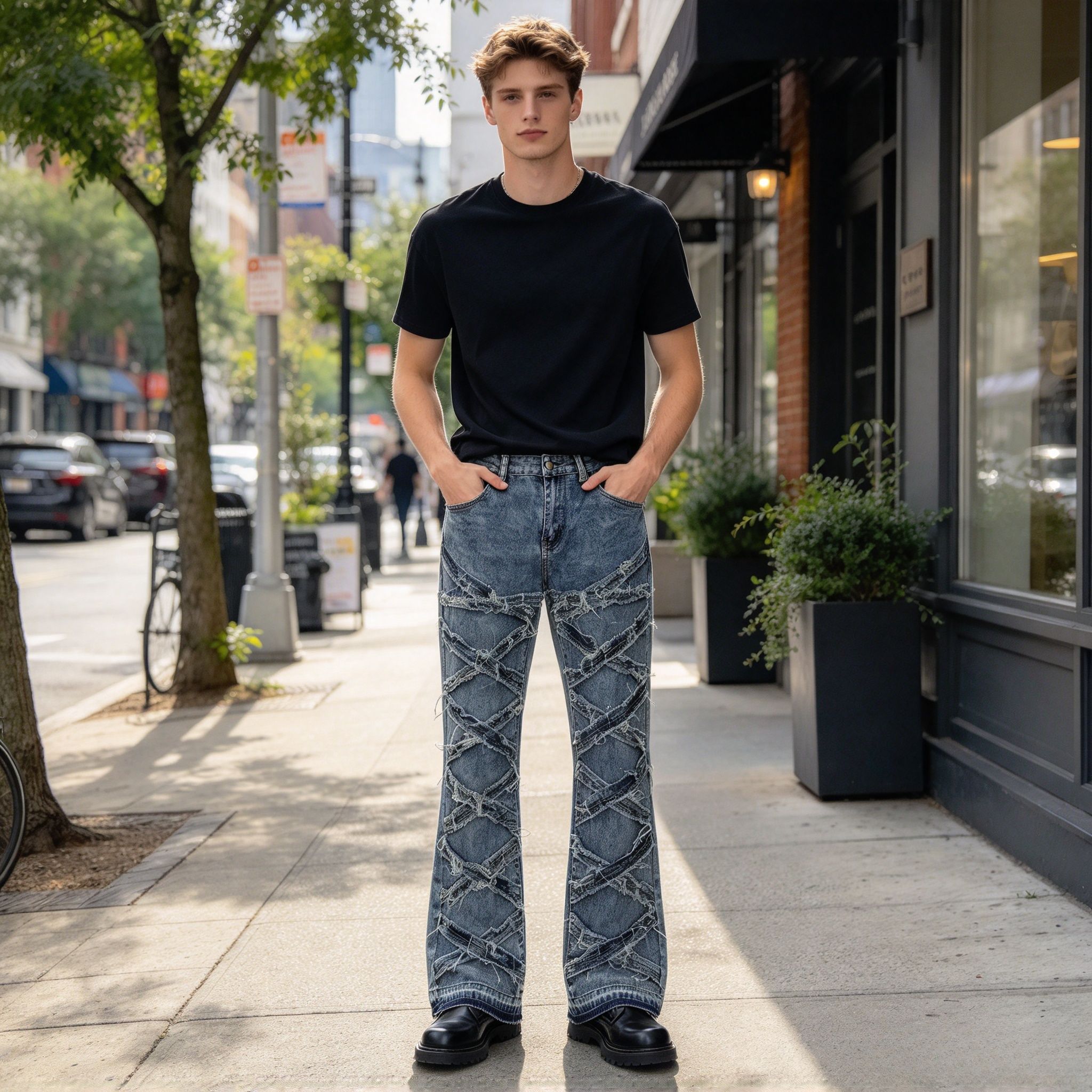 Men's Vintage Blue Crisscross Frayed Flare Jeans, Raw Edge Strap Patchwork Stretch Denim Streetwear Pants - Image 7