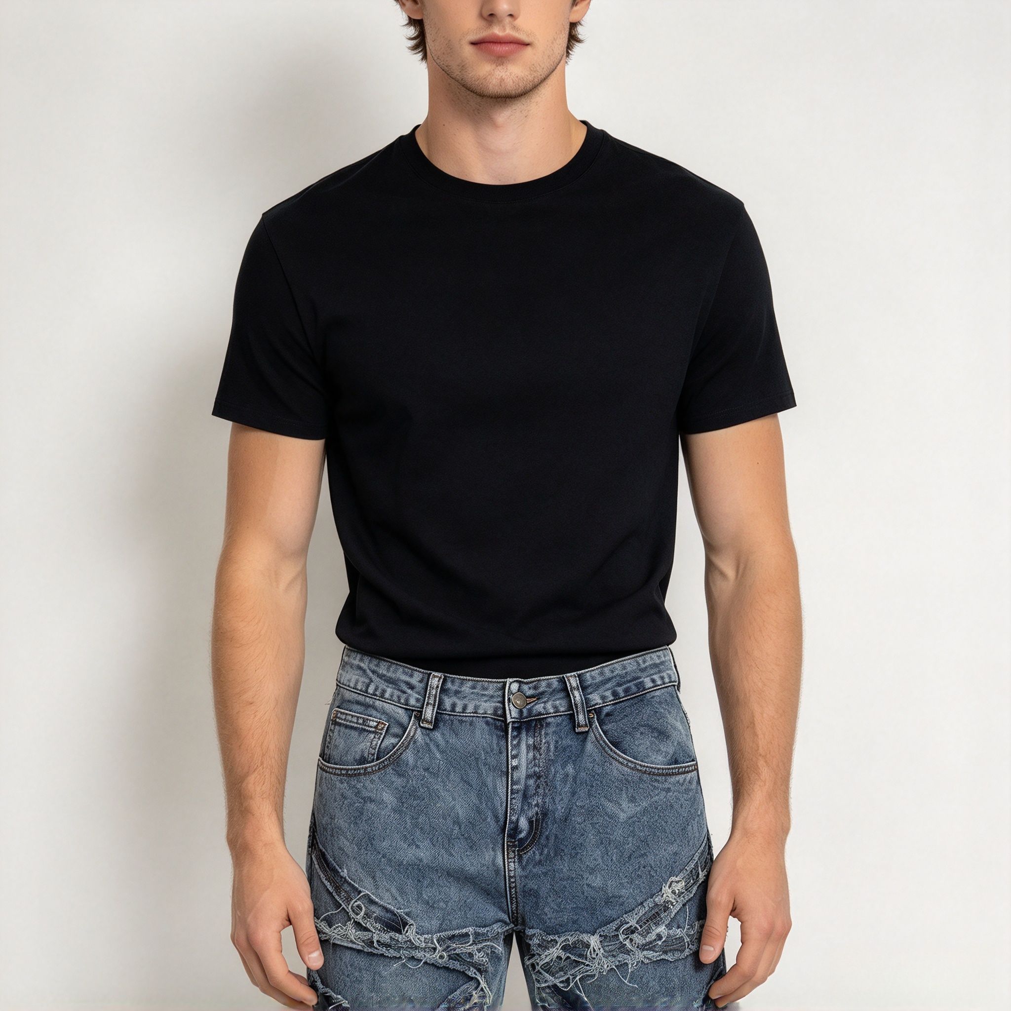 Men's Vintage Blue Crisscross Frayed Flare Jeans, Raw Edge Strap Patchwork Stretch Denim Streetwear Pants - Image 8