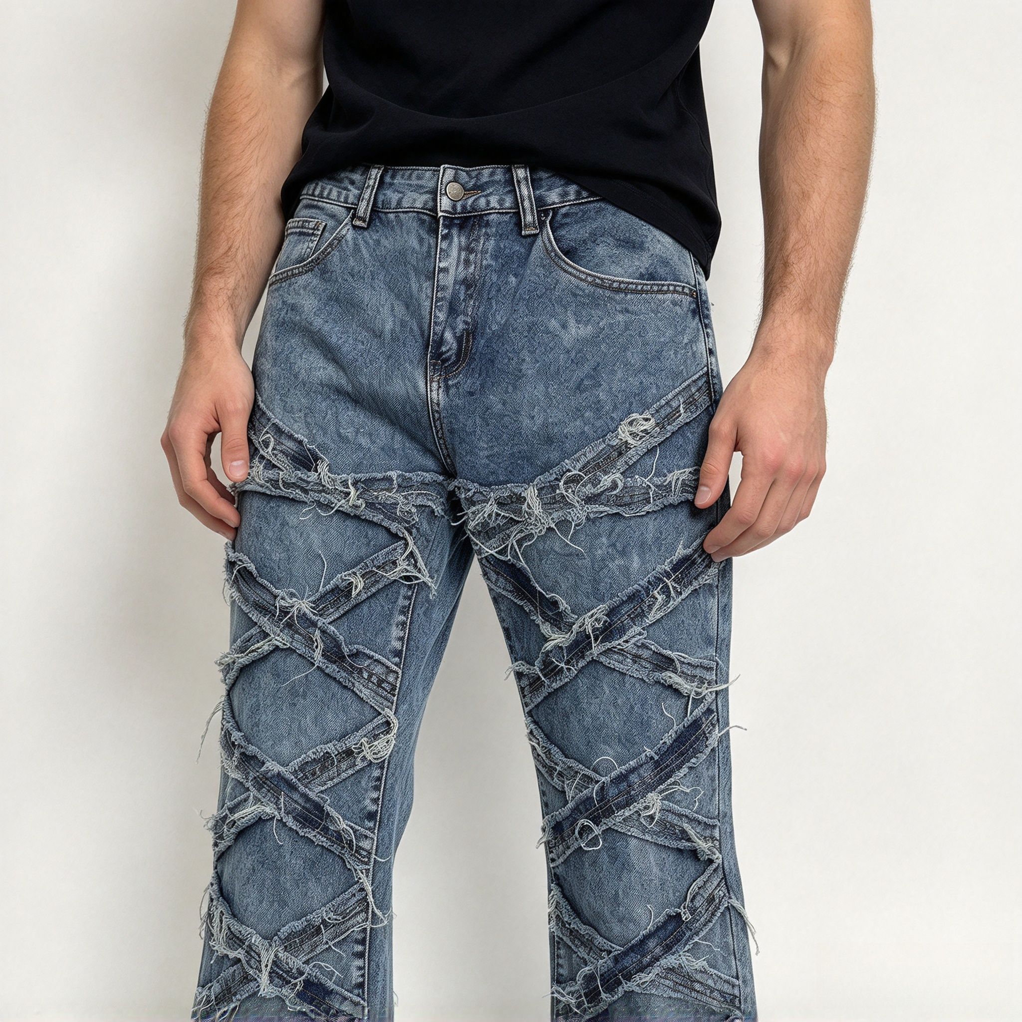 Men's Vintage Blue Crisscross Frayed Flare Jeans, Raw Edge Strap Patchwork Stretch Denim Streetwear Pants - Image 9