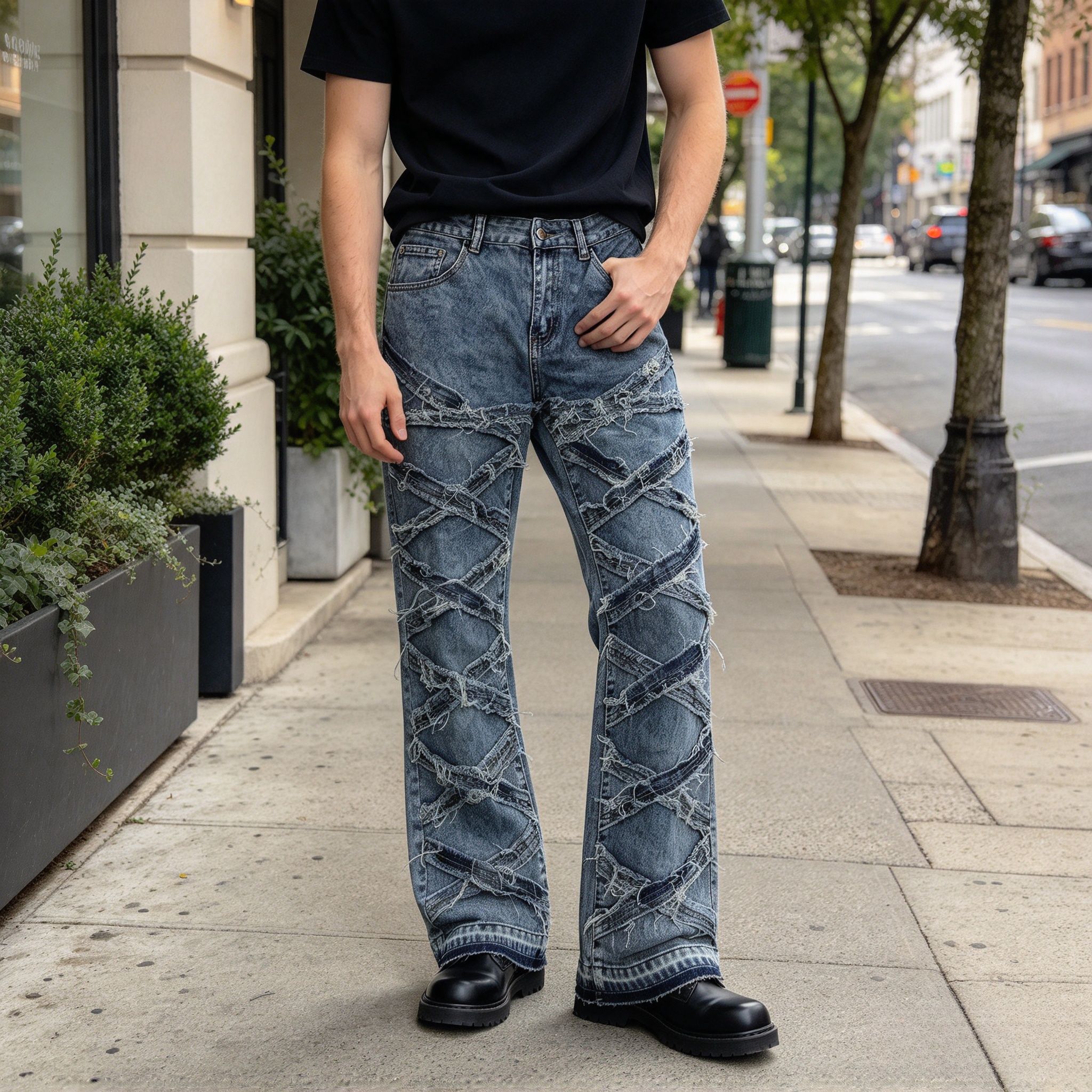 Men’s Vintage Blue Crisscross Frayed Flare Jeans, Raw Edge Strap Patchwork Stretch Denim Streetwear Pants