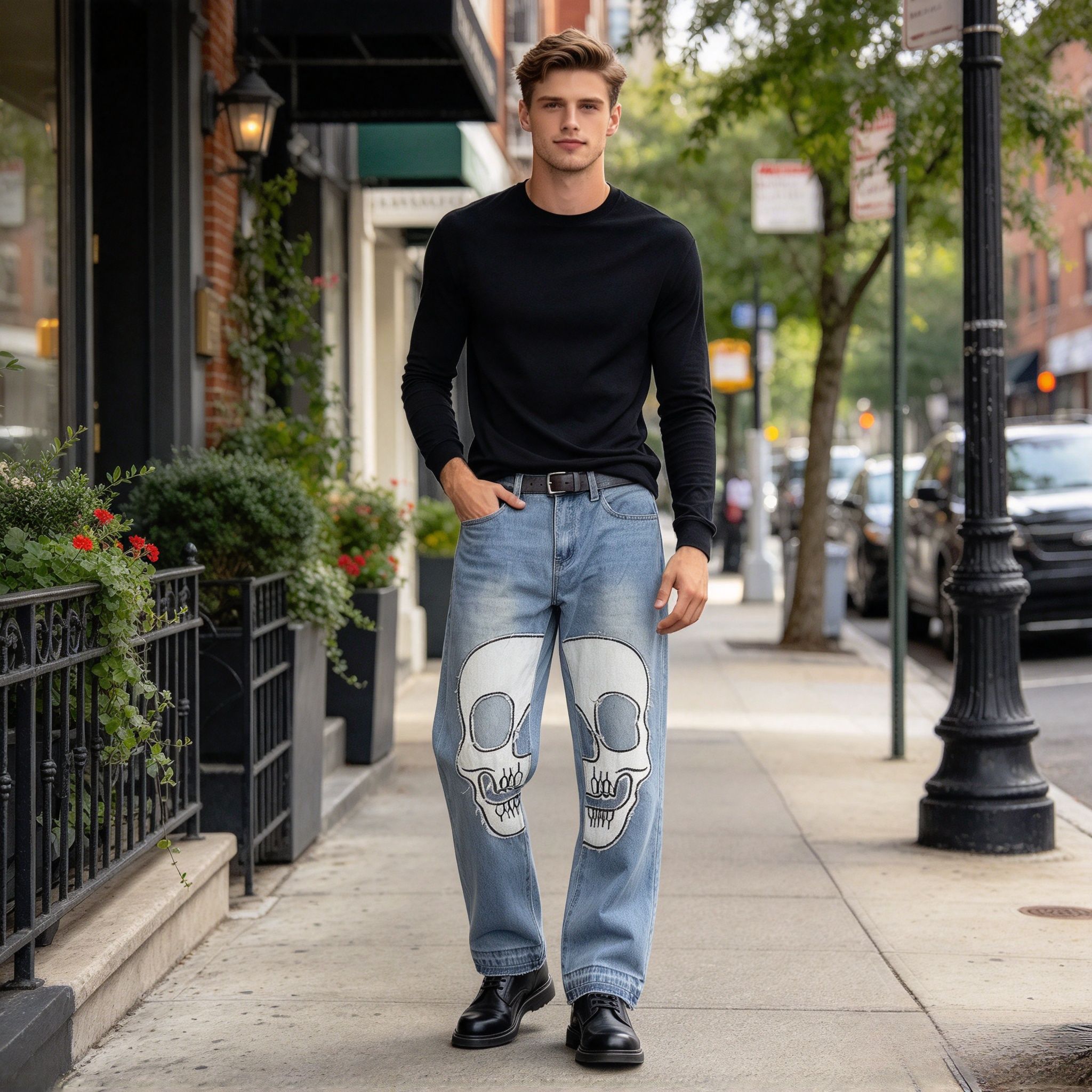 Men's Light Blue Skull Patch Straight Jeans, Frayed Raw Edge Stretch Denim Streetwear Pants - Image 12
