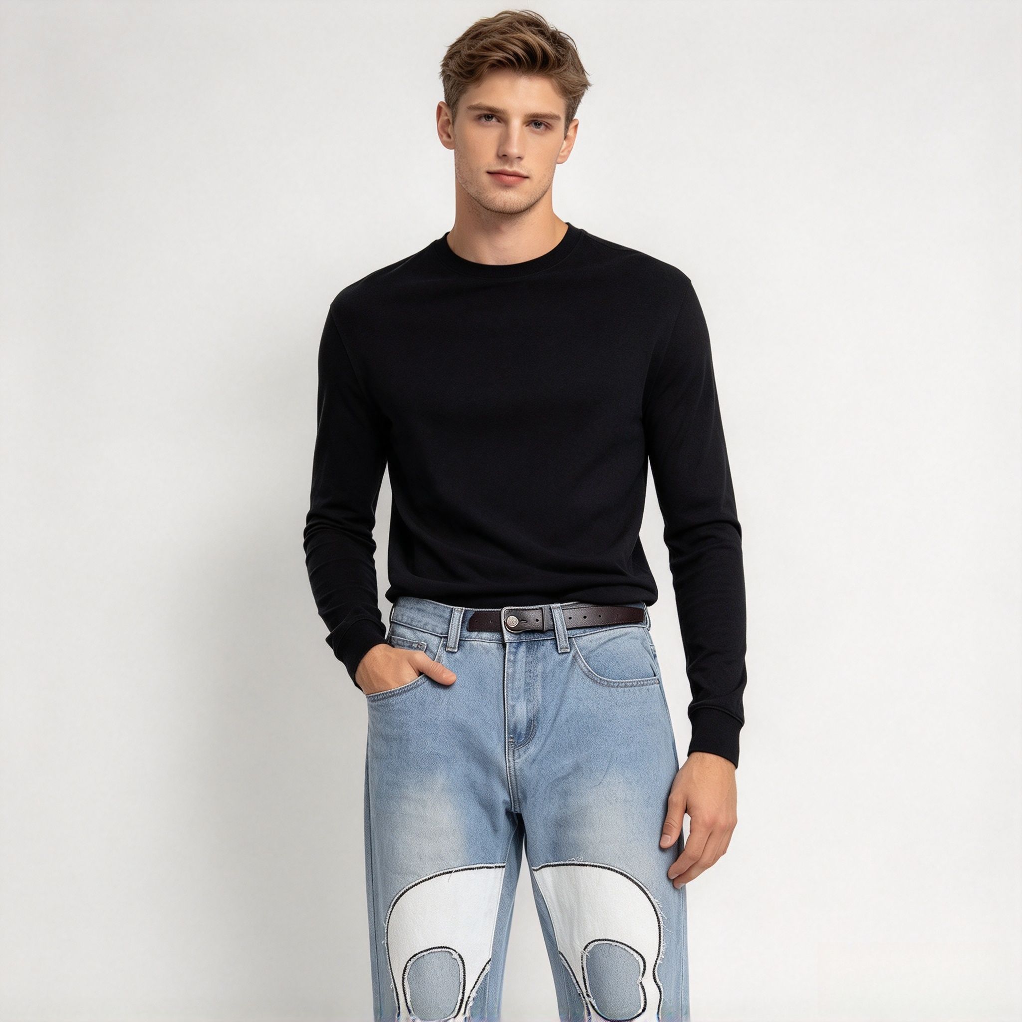 Men's Light Blue Skull Patch Straight Jeans, Frayed Raw Edge Stretch Denim Streetwear Pants - Image 13