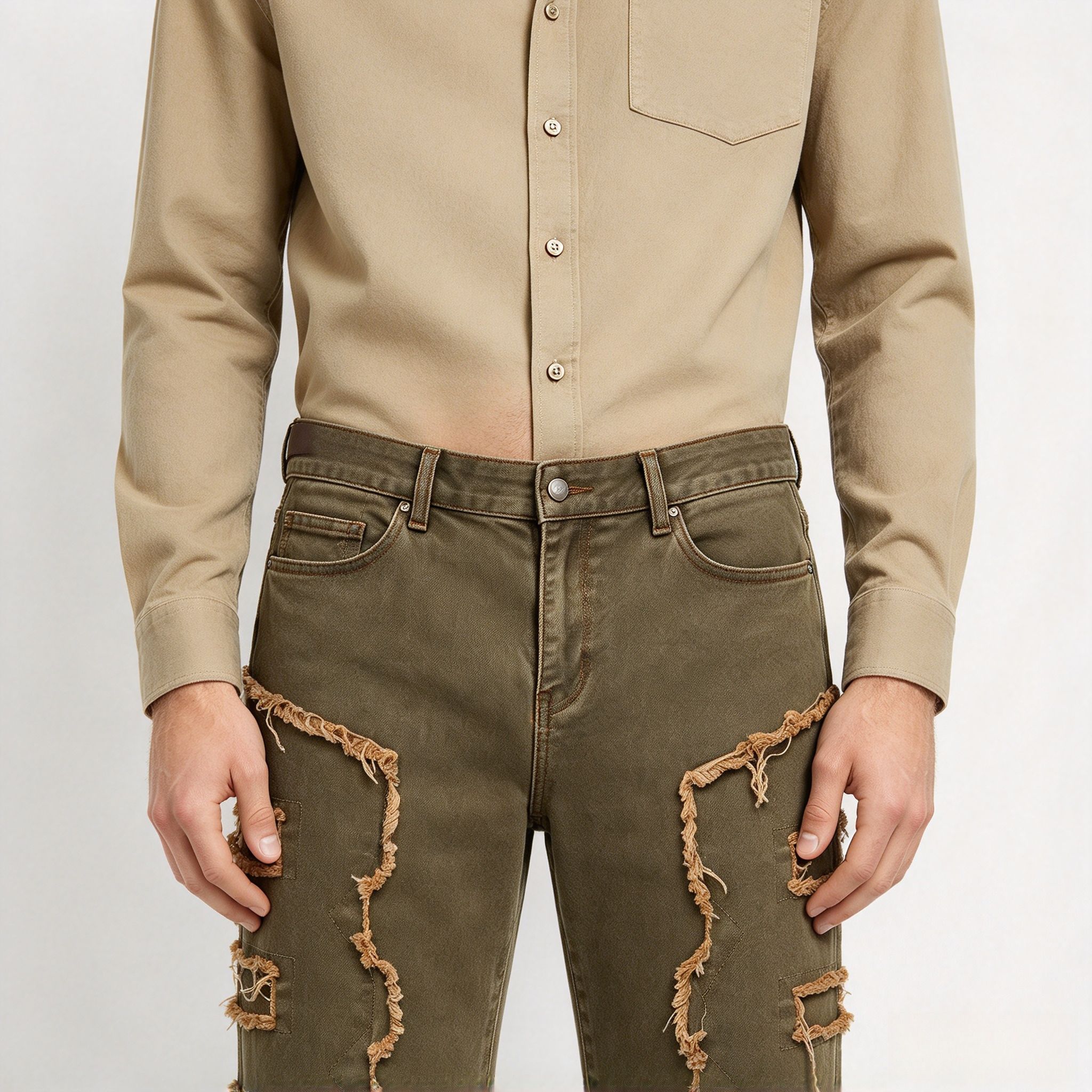 Men's Olive Green Distressed Patchwork Straight Jeans, Fringe Frayed Stretch Denim Pants Streetwear - Image 13