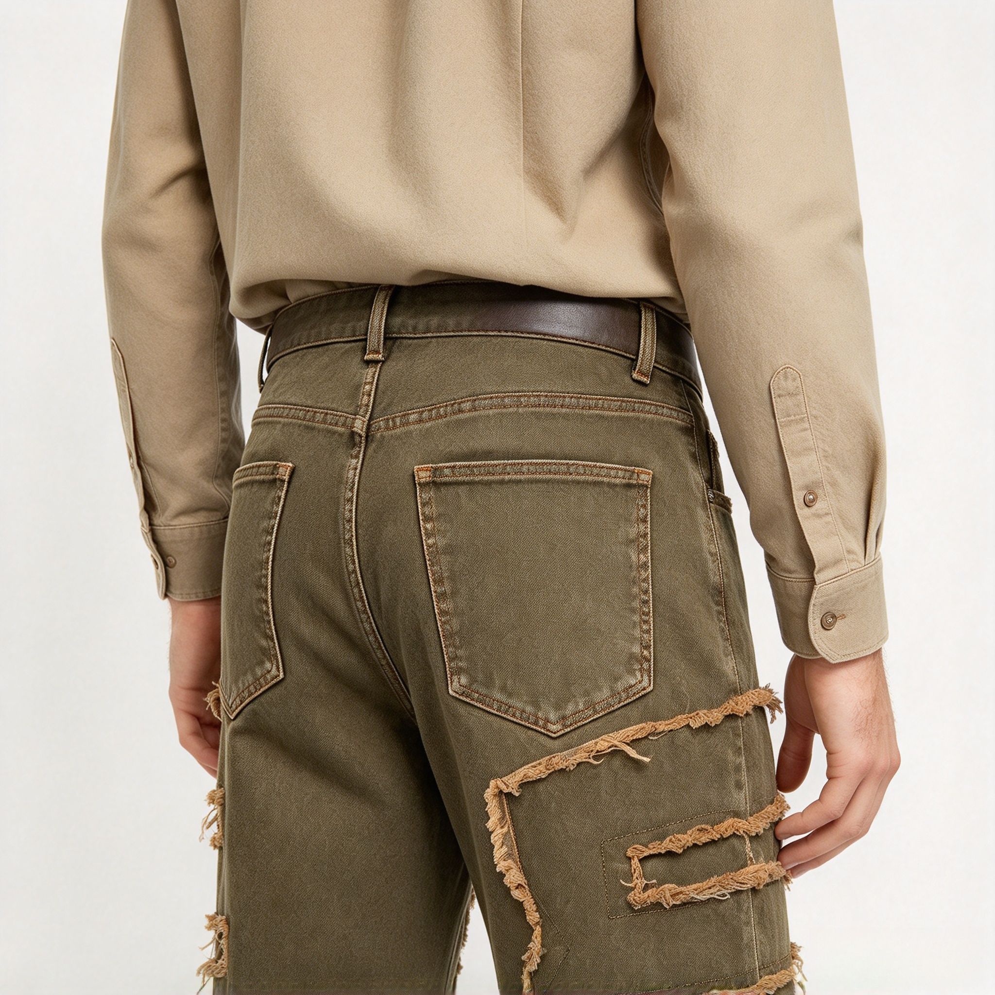 Men's Olive Green Distressed Patchwork Straight Jeans, Fringe Frayed Stretch Denim Pants Streetwear - Image 9