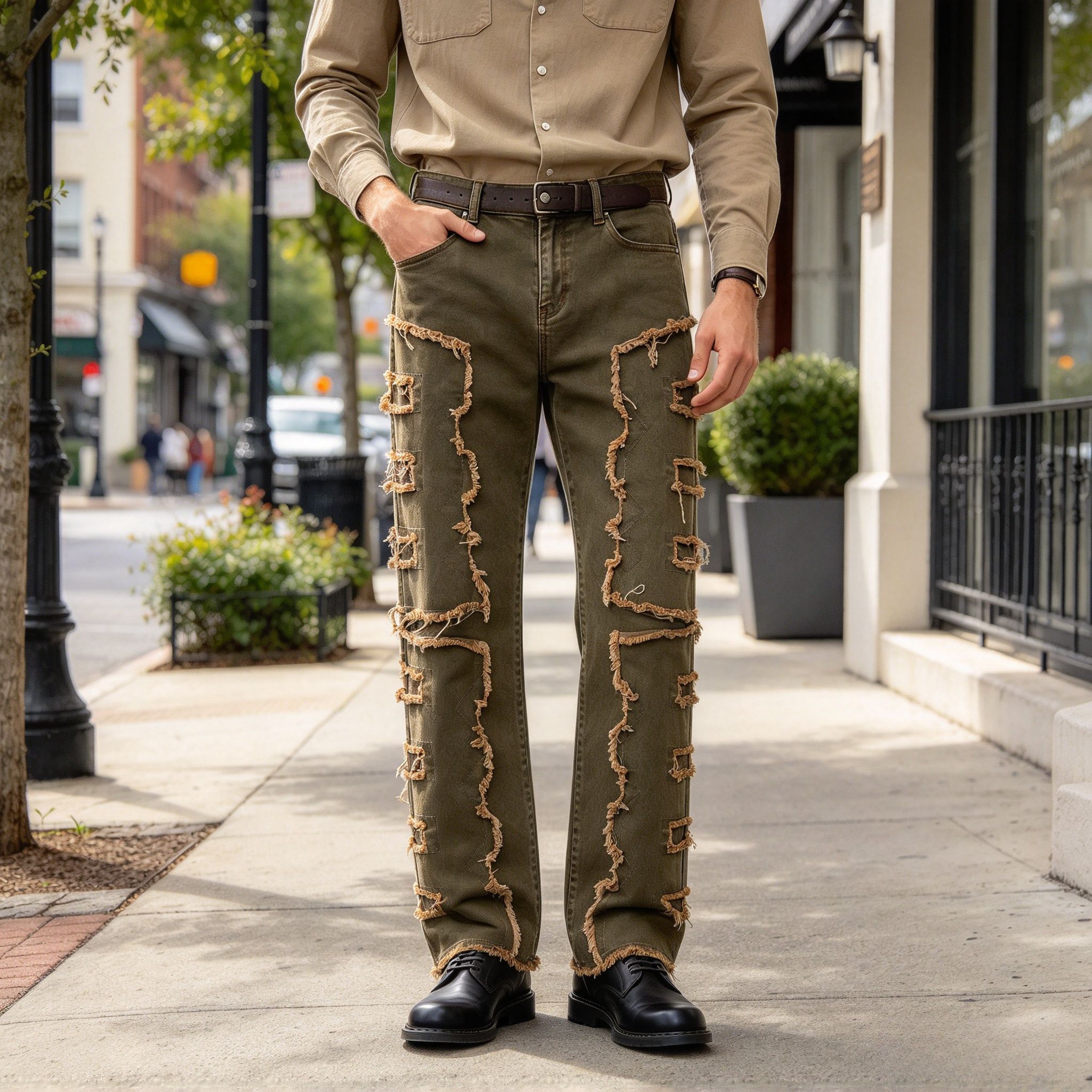 Men's Olive Green Distressed Patchwork Straight Jeans, Fringe Frayed Stretch Denim Pants Streetwear - Image 6
