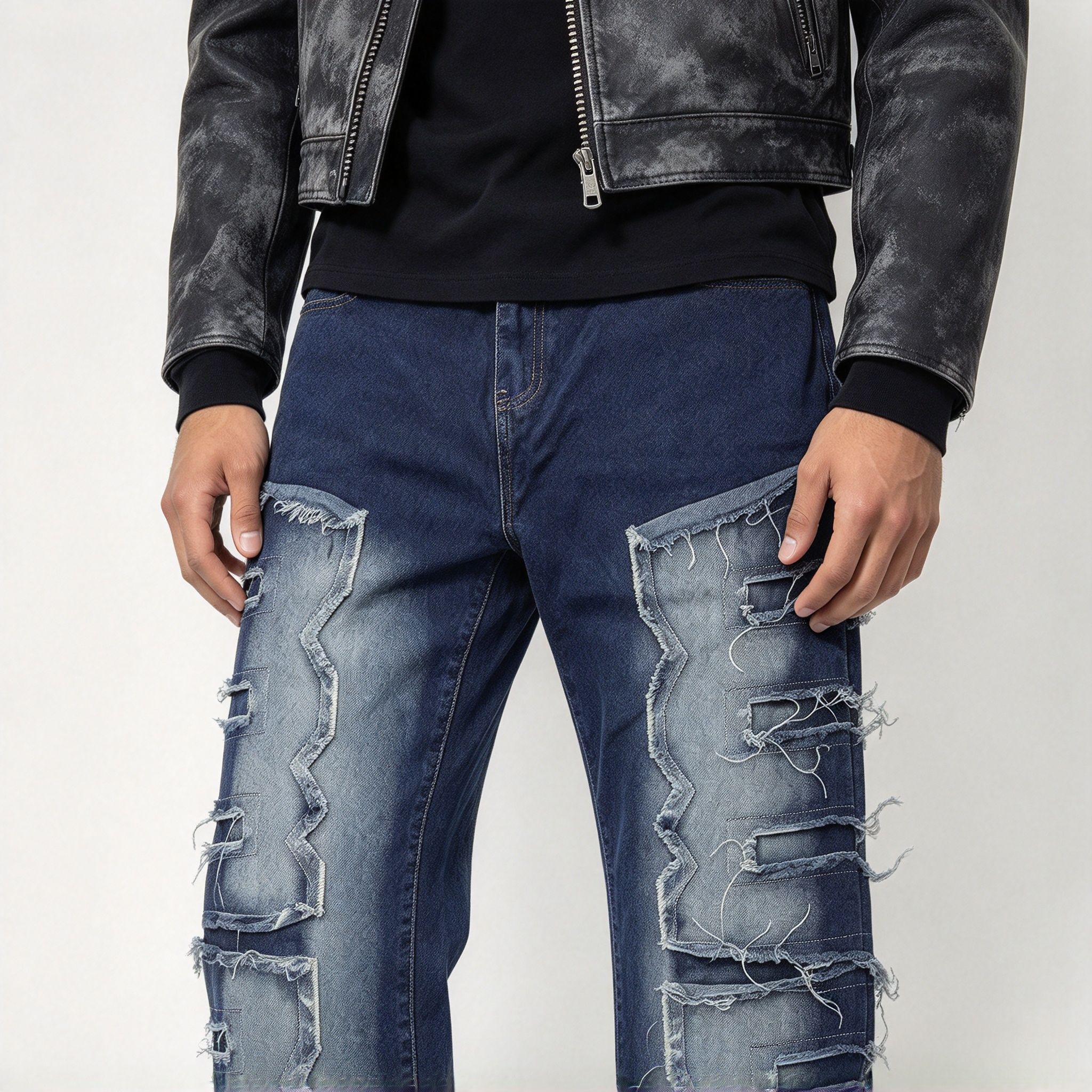 Men's Dark Blue Gradient Distressed Patchwork Bootcut Jeans, Frayed Raw Edge Stretch Denim Streetwear Pants - Image 13