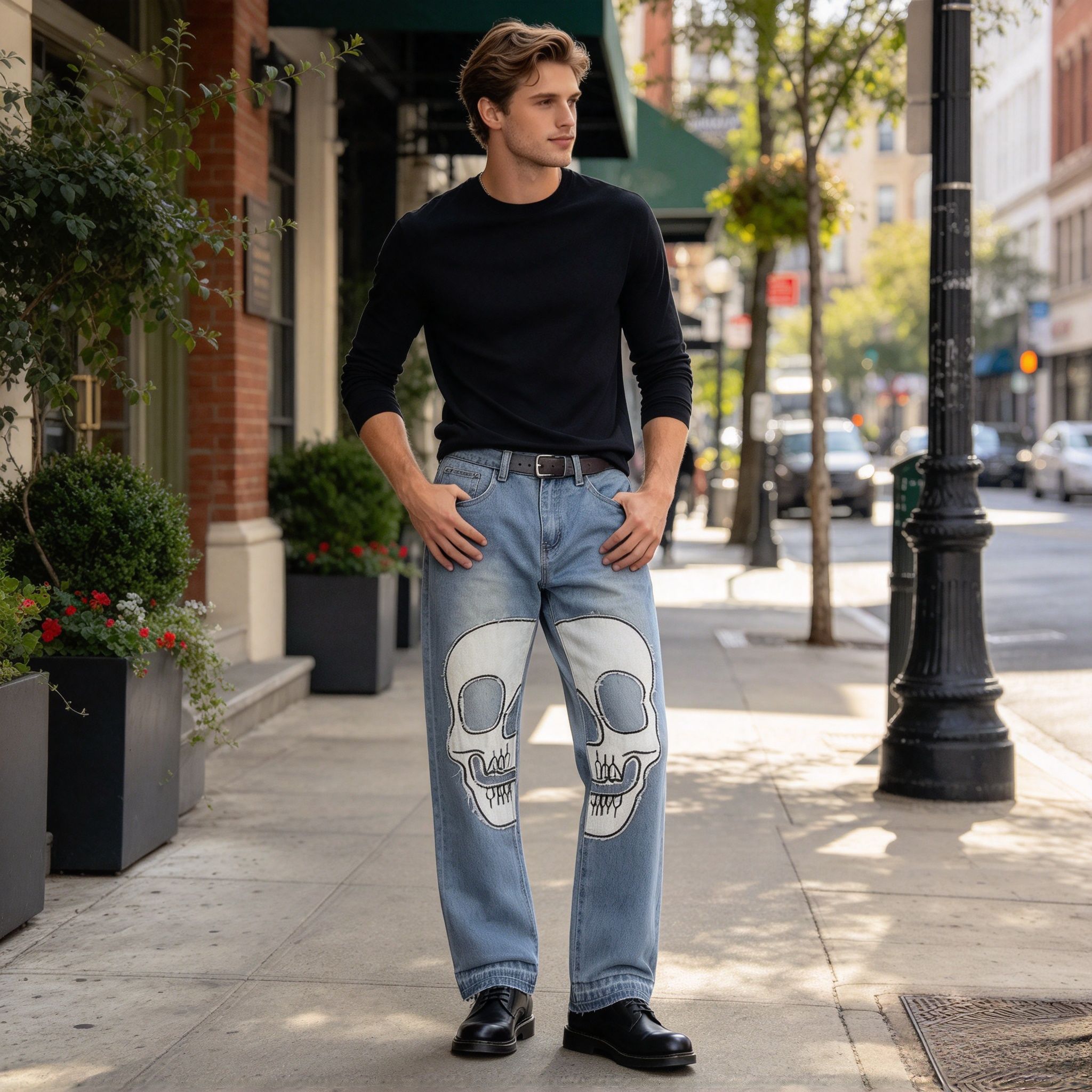 Men’s Light Blue Skull Patch Straight Jeans, Frayed Raw Edge Stretch Denim Streetwear Pants