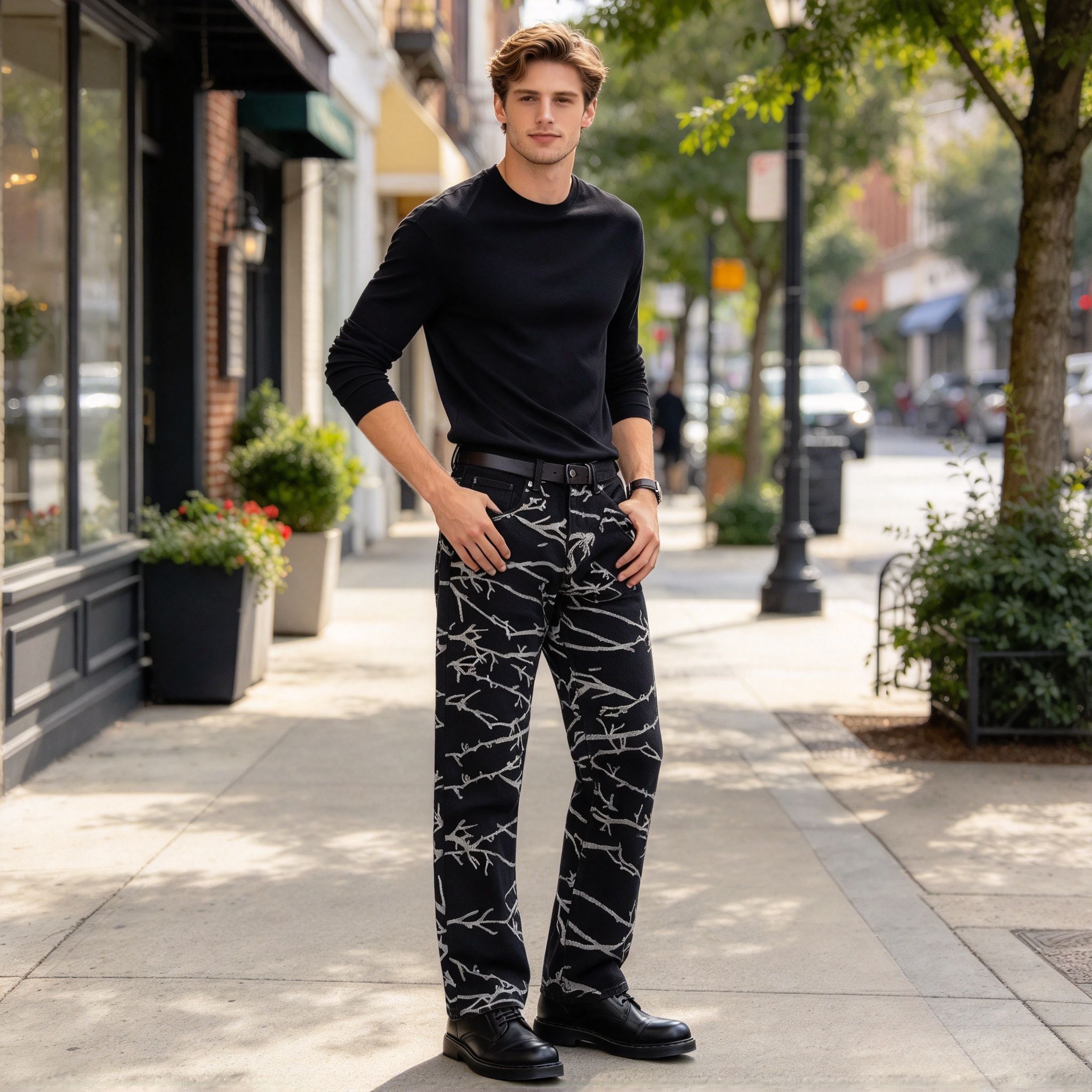 Men's Black White Branch Pattern Straight Jeans, All Over Print Stretch Denim Streetwear Pants - Image 6