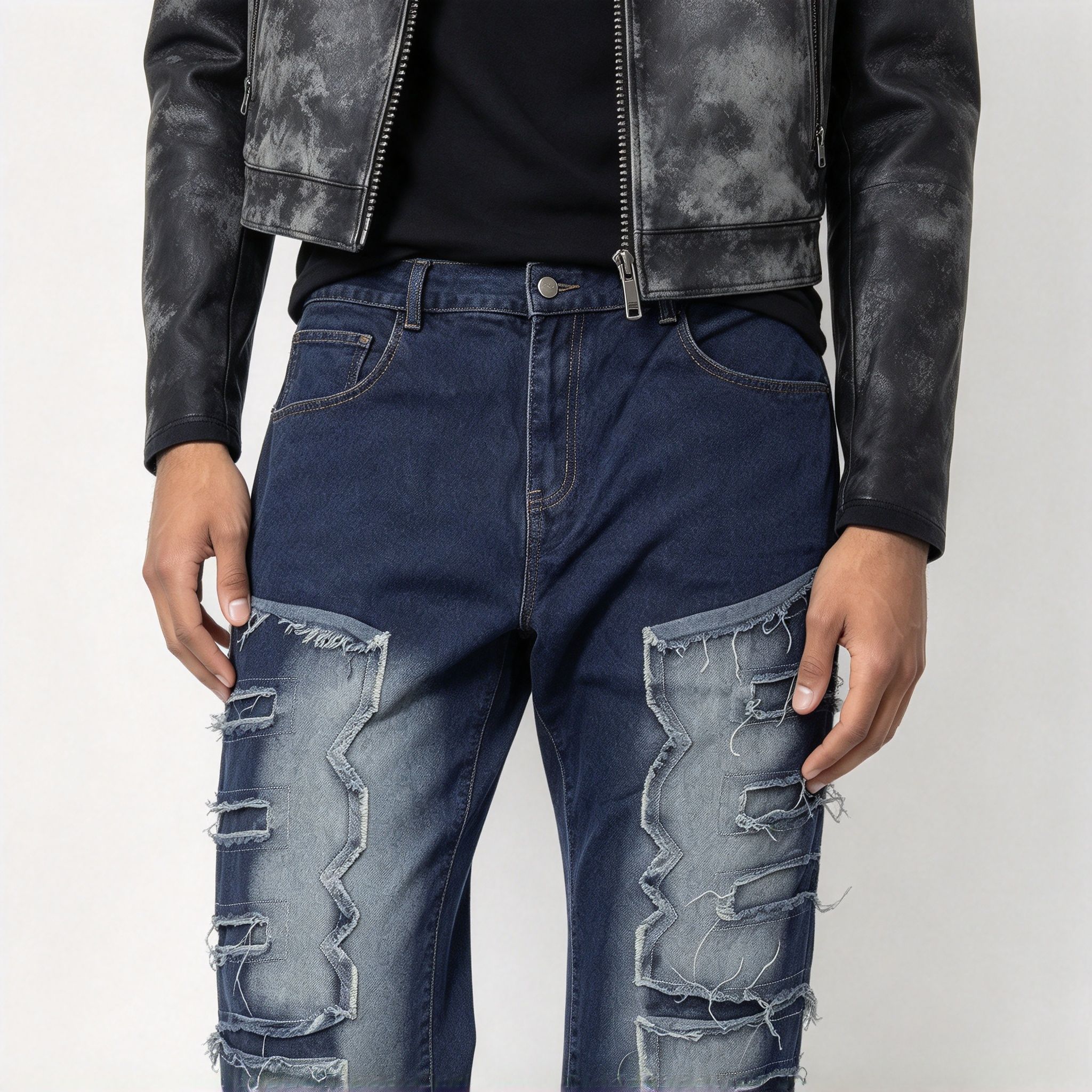 Men's Dark Blue Gradient Distressed Patchwork Bootcut Jeans, Frayed Raw Edge Stretch Denim Streetwear Pants - Image 19