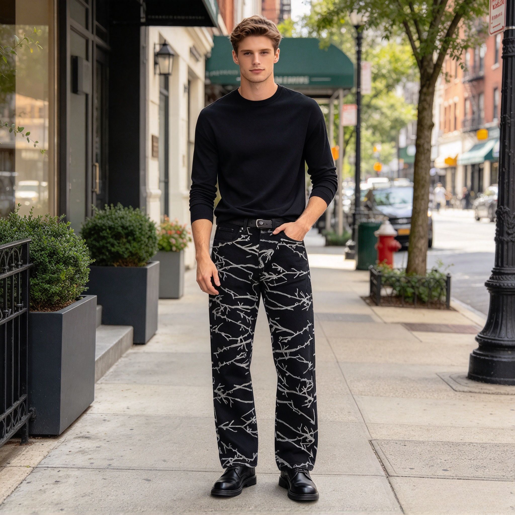 Men's Black White Branch Pattern Straight Jeans, All Over Print Stretch Denim Streetwear Pants - Image 12