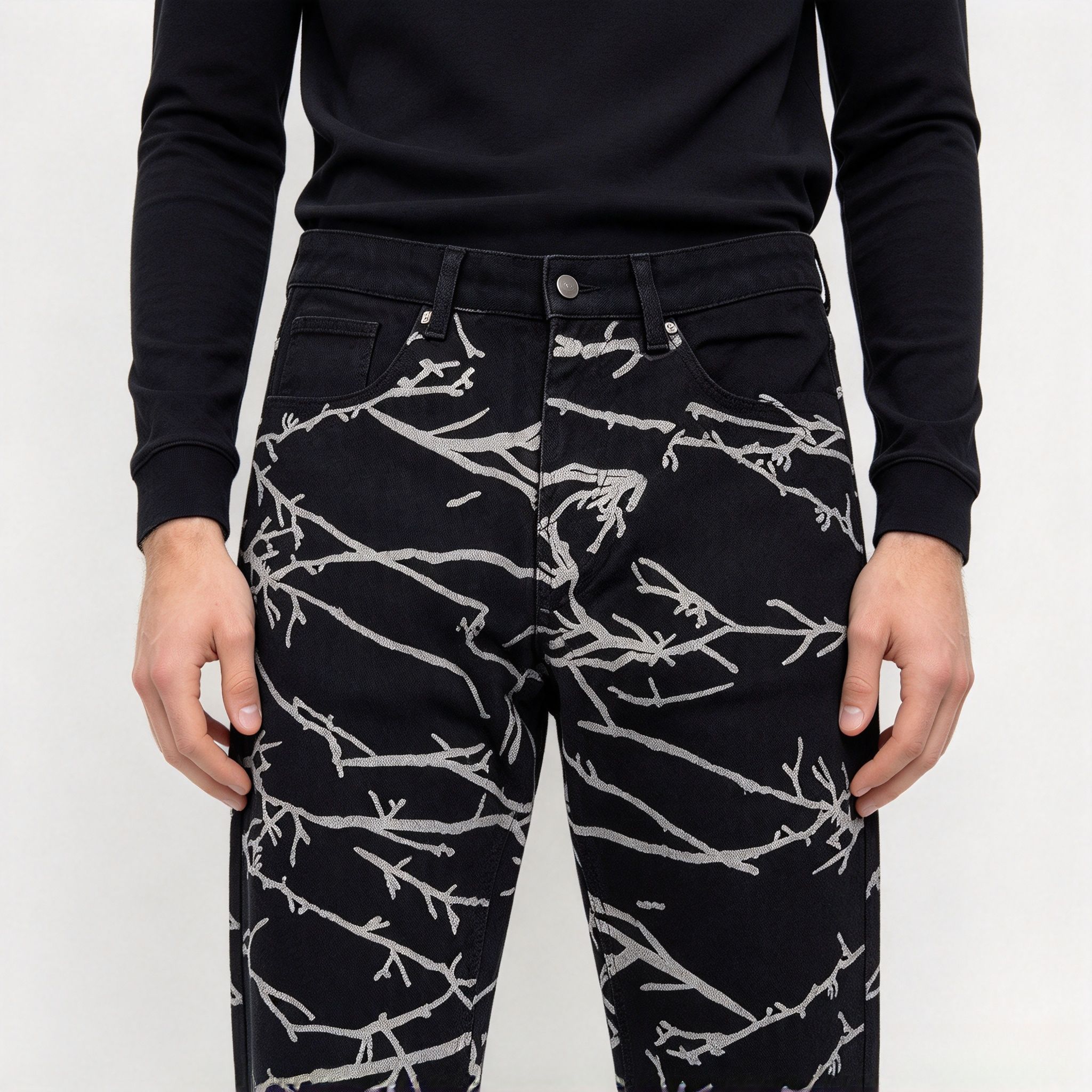 Men's Black White Branch Pattern Straight Jeans, All Over Print Stretch Denim Streetwear Pants - Image 14
