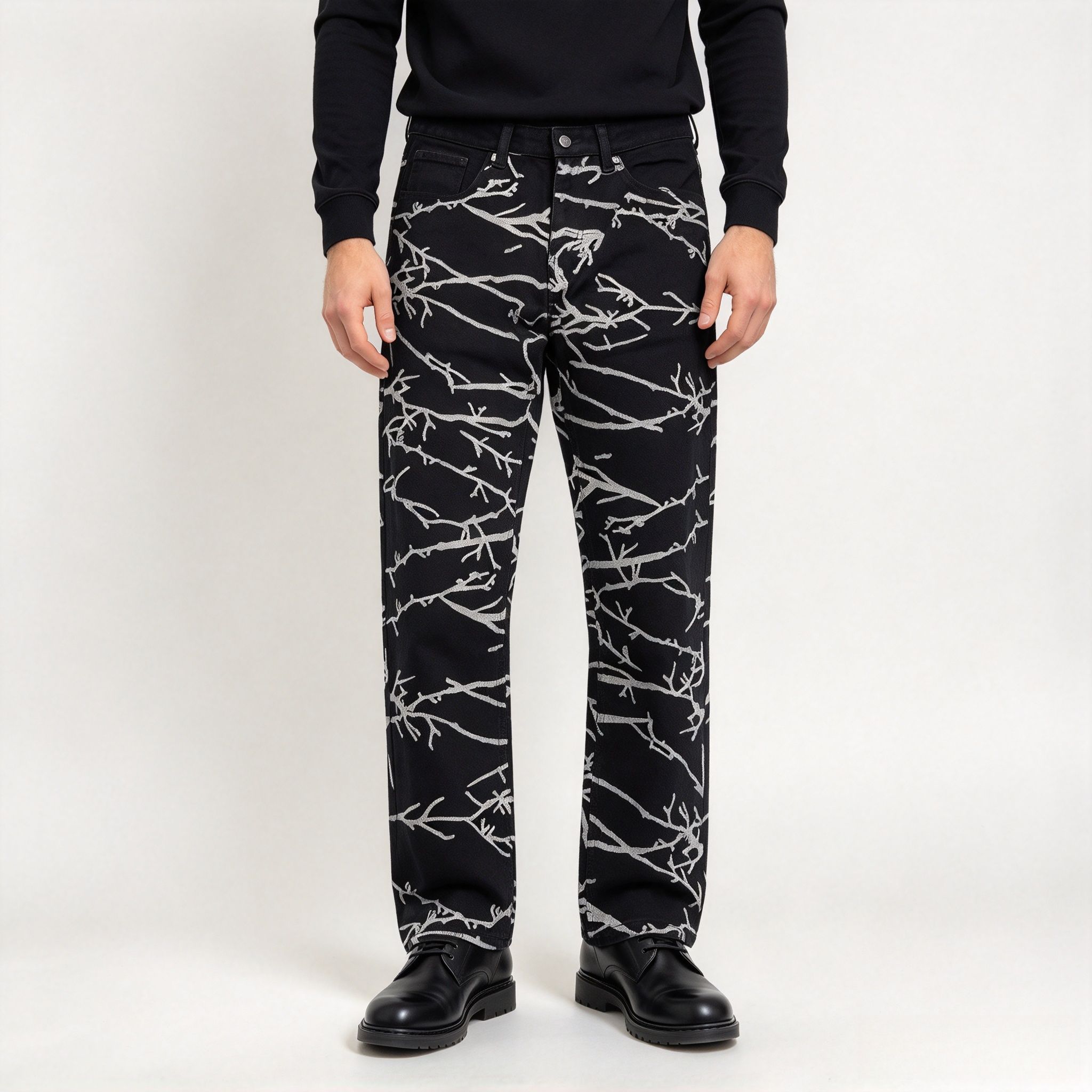 Men's Black White Branch Pattern Straight Jeans, All Over Print Stretch Denim Streetwear Pants - Image 3
