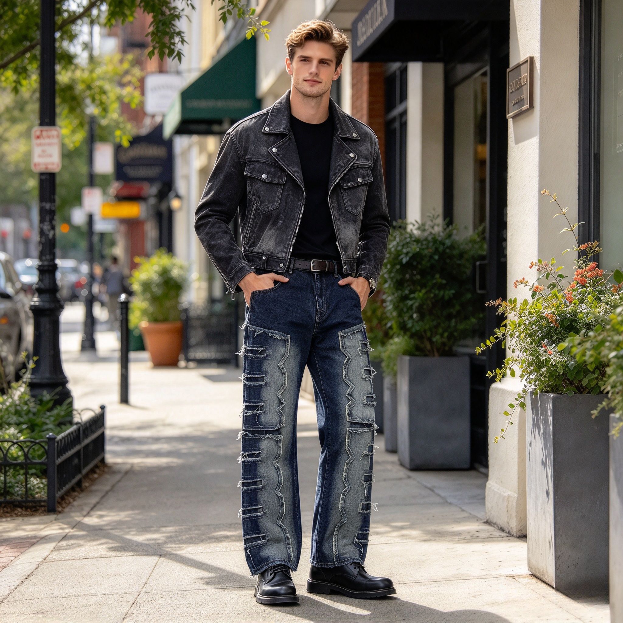Men's Dark Blue Gradient Distressed Patchwork Bootcut Jeans, Frayed Raw Edge Stretch Denim Streetwear Pants - Image 2