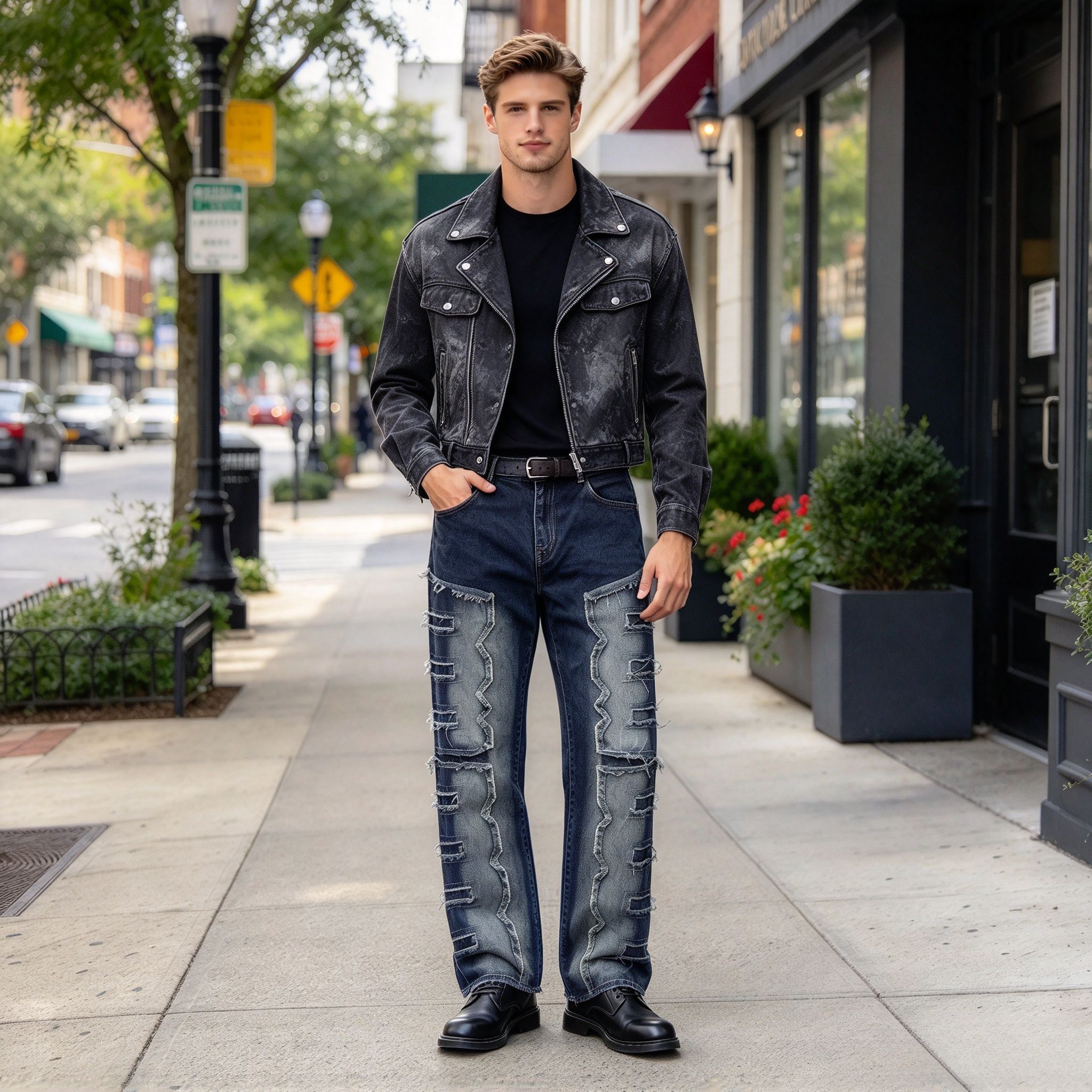 Men’s Dark Blue Gradient Distressed Patchwork Bootcut Jeans, Frayed Raw Edge Stretch Denim Streetwear Pants