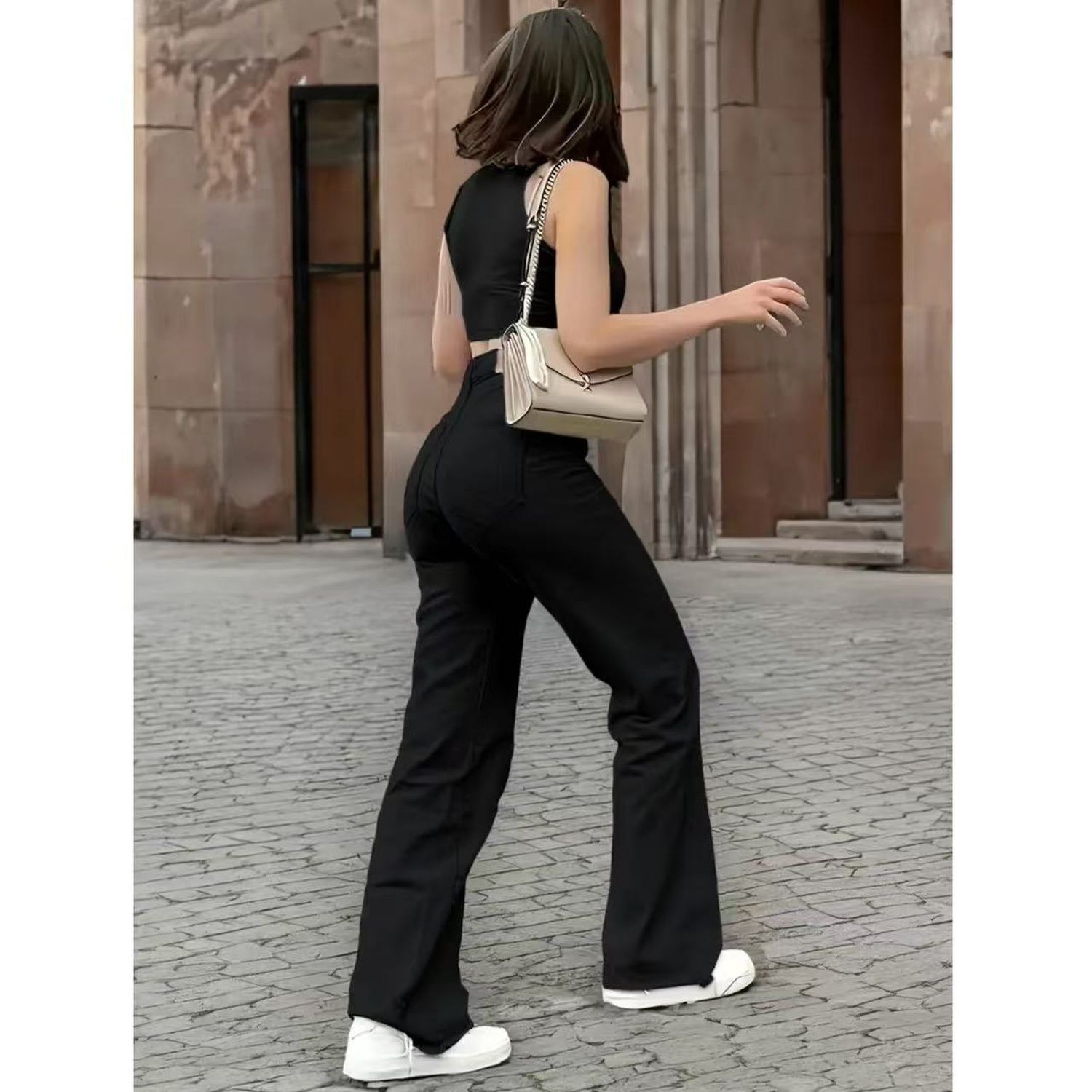 Women's High Waist Solid Black Flare Leg Jeans, Slim Fit Stretch Denim Pants, Casual Daily Long Trousers - Image 11