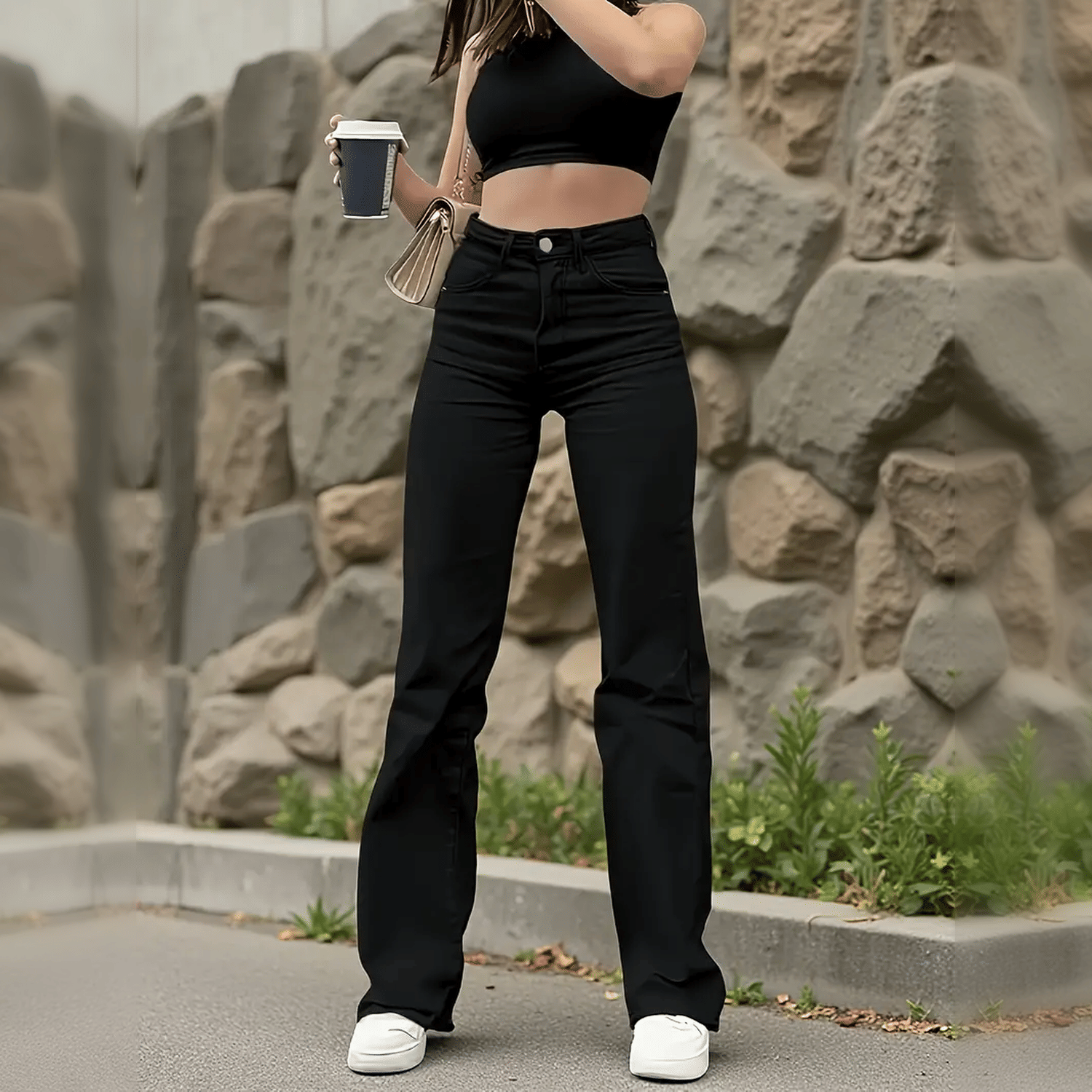 Women’s High Waist Solid Black Flare Leg Jeans, Slim Fit Stretch Denim Pants, Casual Daily Long Trousers