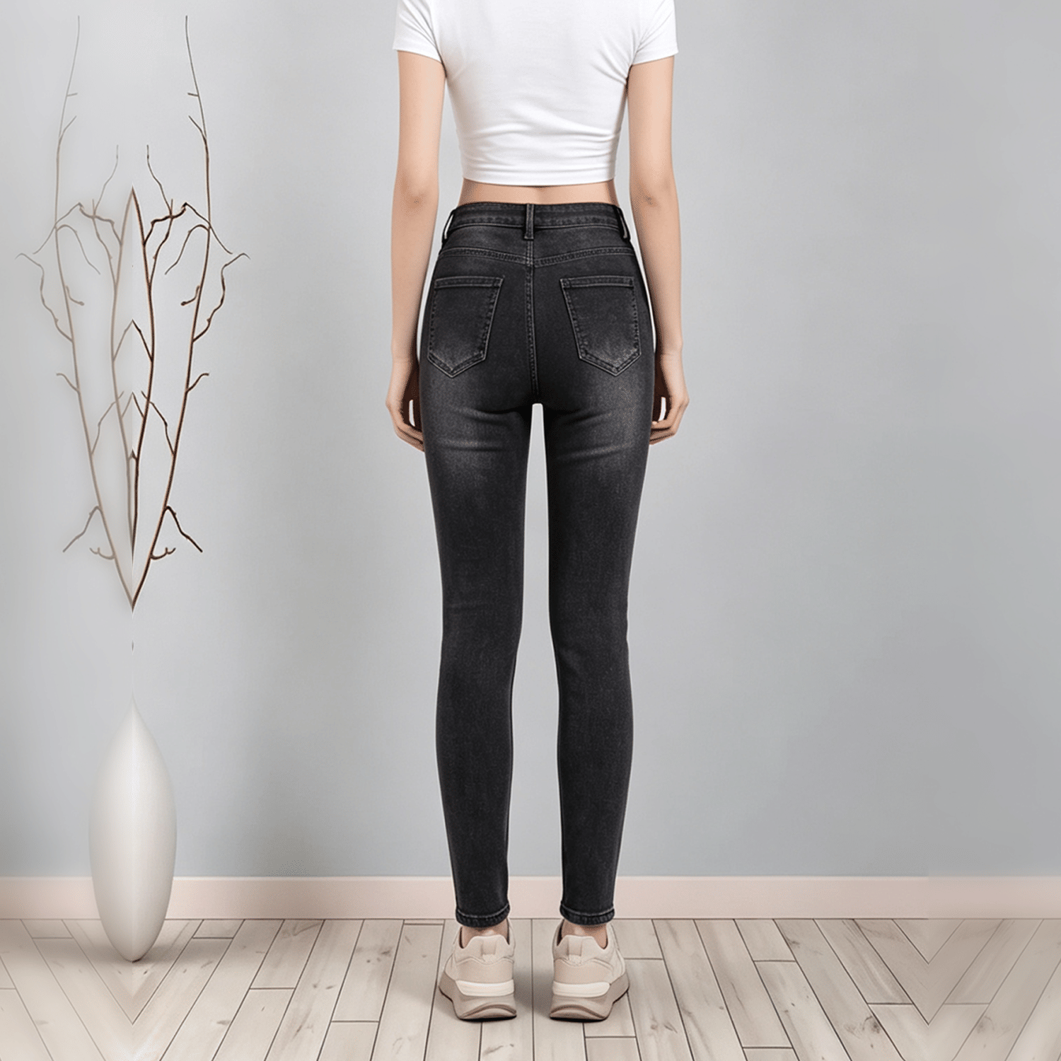 High Waist Distressed Skinny Jeans For Women, Faded Black Ripped Fringe Hem Denim Trousers - Image 23